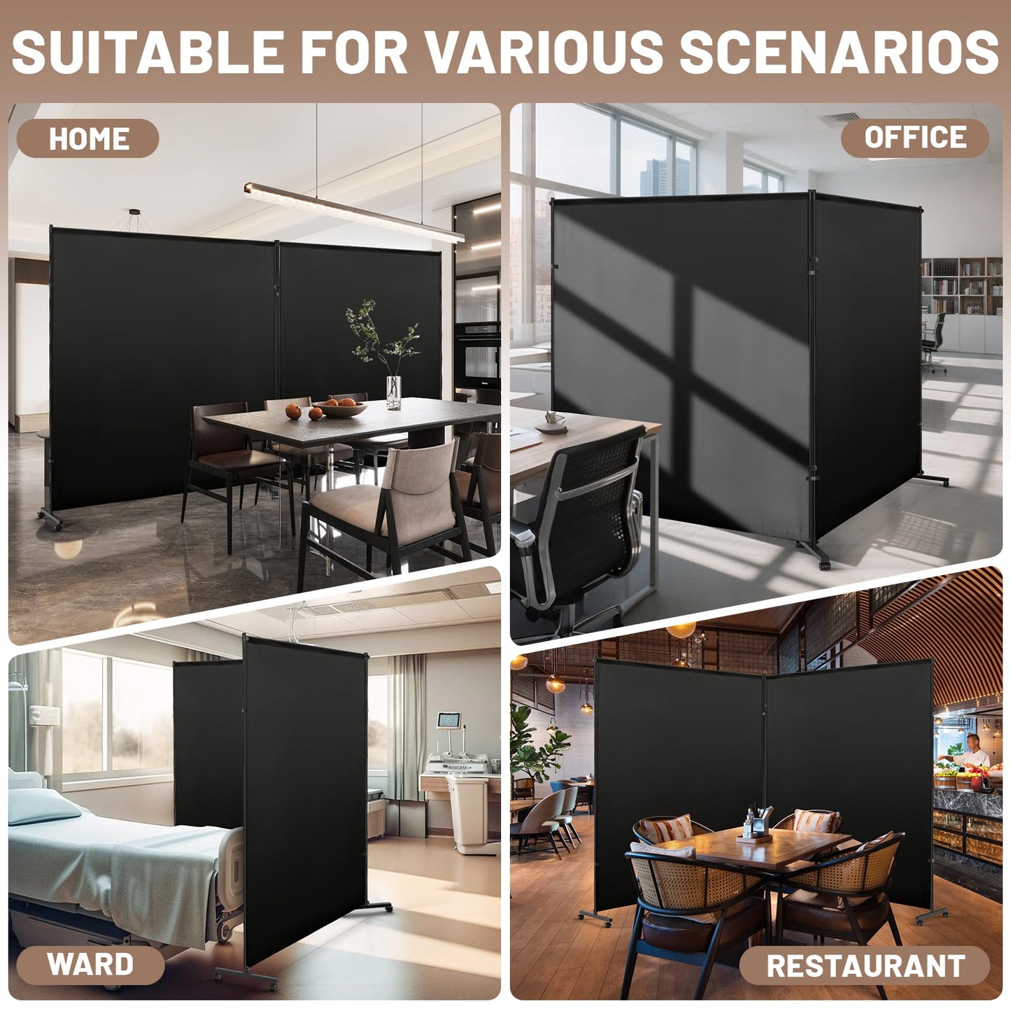 VAMFUTRE 2 Panels Room Divider/Privacy Screen with Caster Wheels and Brakes - Stylish and Versatile Partition for Home,Office,School and Restauran (Black, 12FT*6FT)