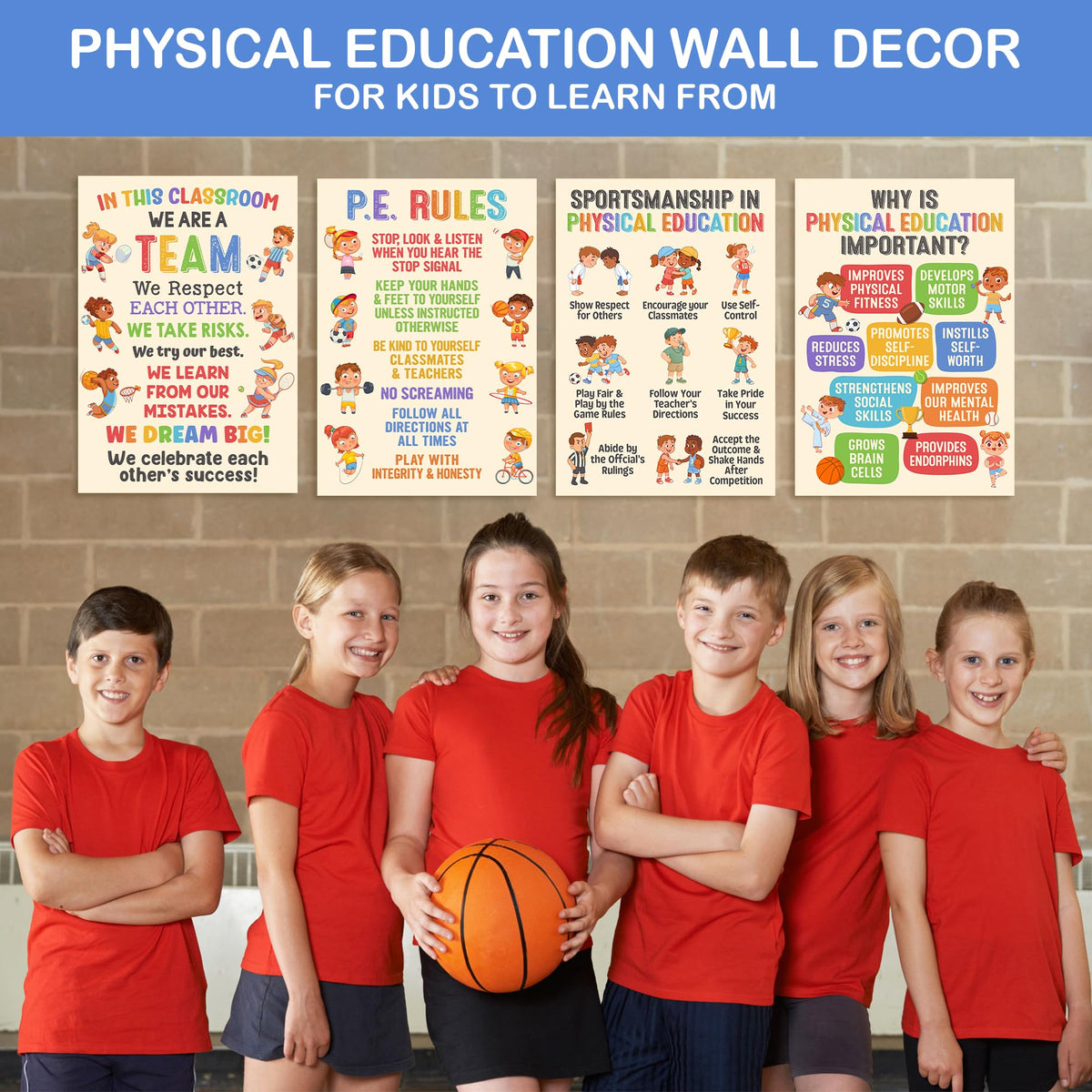 Lalunia 4 Pcs Classroom Exercise Posters (11x16) - Physical Education Class Rules Poster Decoration, Welcome to P.E Wall Art, Kids Workout Activity, Sports Education Supplies for PE Teachers