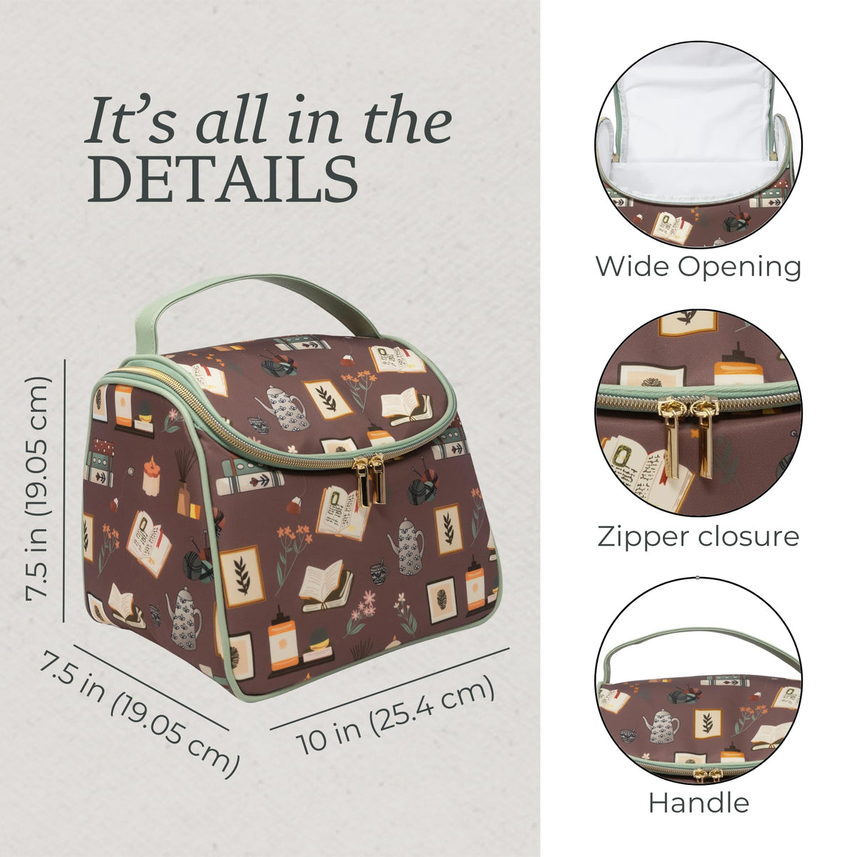 Steel Mill & Co Insulated Lunch Tote Bag for Women, Large Capacity Cooler Lunch Box, Cute Lunch Bag for Adults, Wide Opening Cooler with Zipper Closure, and Sturdy Handles (Book Nook Brown)