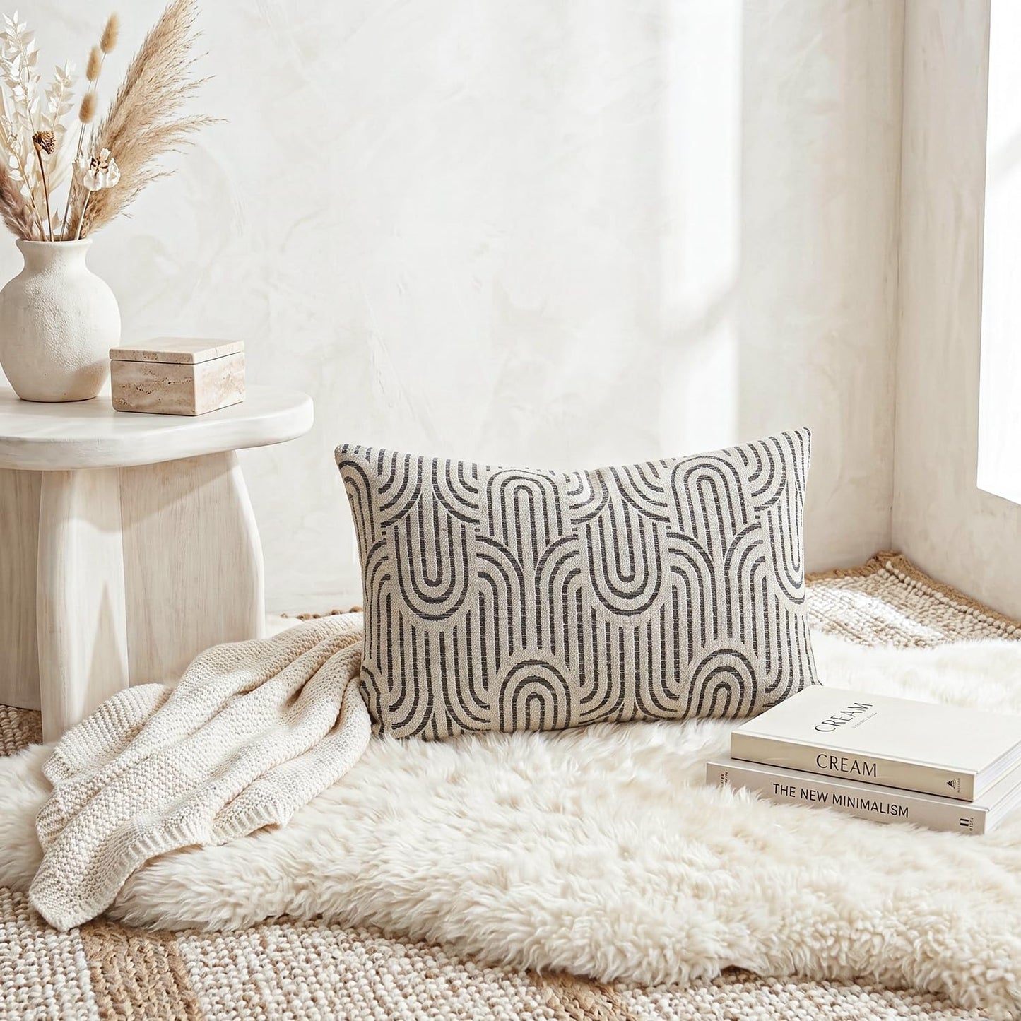 Jonhier Geometric Lumbar Throw Pillow Cover, Textured Modern Boho Neutral Decorative Cushion Case for Couch Sofa Bedroom Bed, Arc Pattern Mid Century Farmhouse Khaki Accent Pillowcase, 12 x 20 Inch