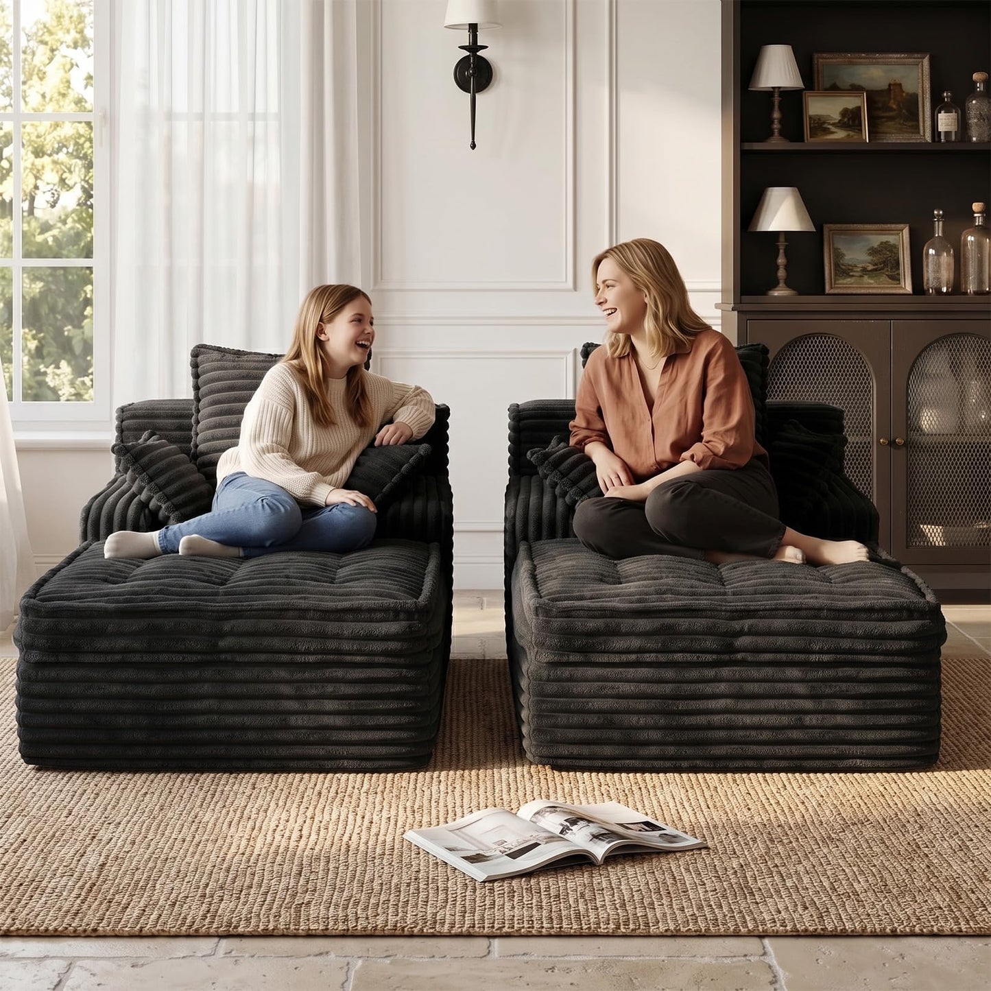 feliz home Boneless Chaise Lounge Couch Indoor, Small Corduroy Upholstered Sleeper Sofa Bed Reading Chairs with 3 Pillows, Fluffy Comfy Cloud Sofas Couches, Compression Boneless Sofa for Small Corner