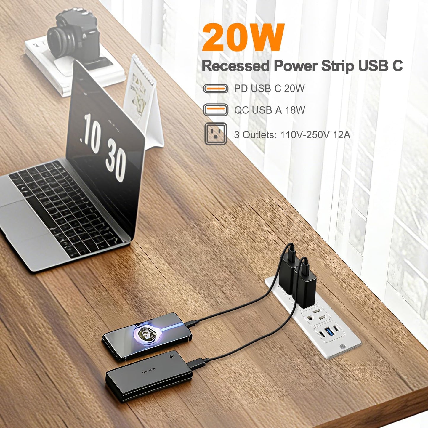 Furniture Recessed Power Strip with USB C 20W & USB A 18W,3 Outlets 3 USB Ports(2 USB C+1 USB A),Flush Mountable Electrical Outlet for Desk Cabinet Nightstand Counter, 6.56ft Flat Plug Cord (White)