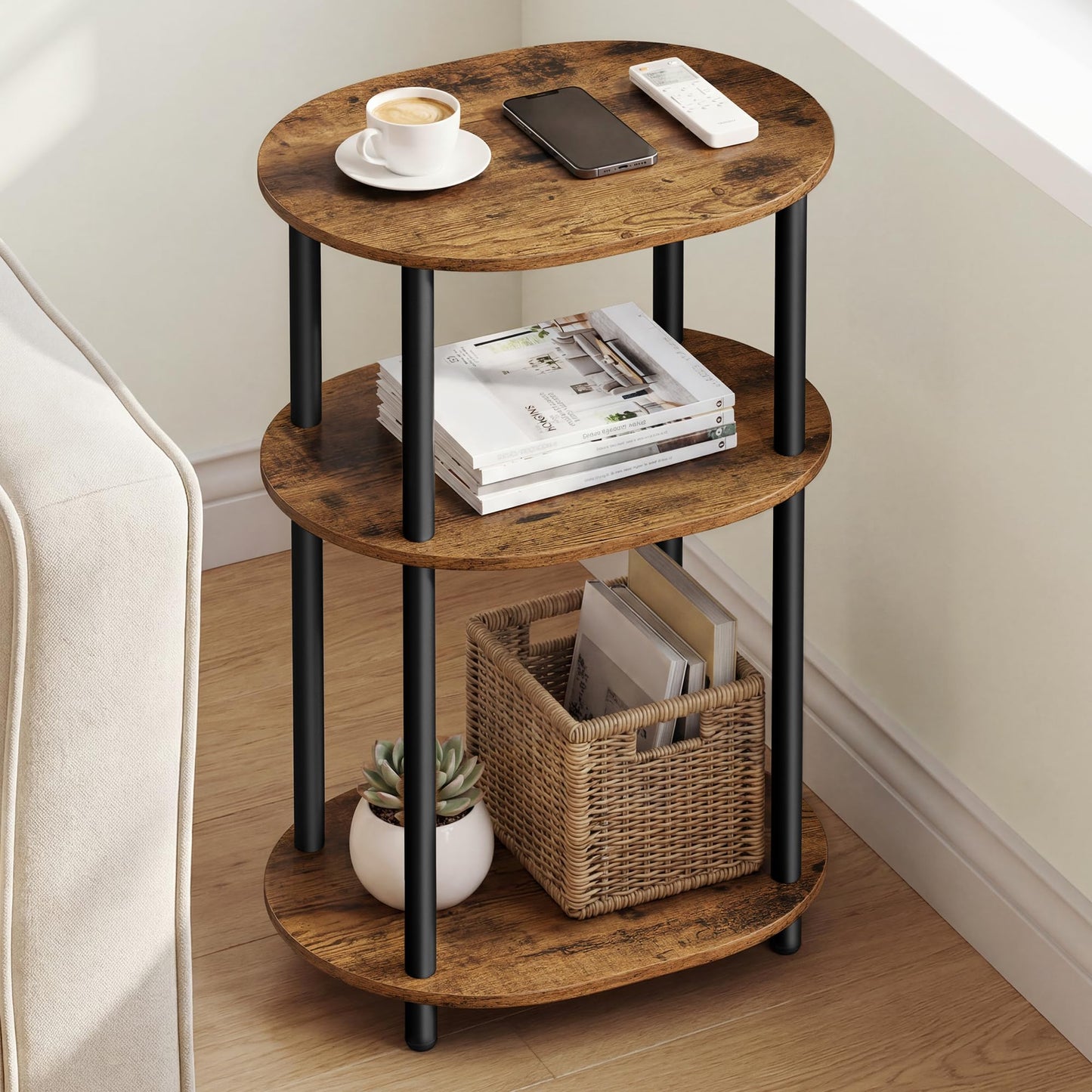 VASAGLE Side Table, Small End Table, Tall Nightstand for Living Room, Bedroom, Office, Bathroom, Steel Frame, Industrial Style, Oval, Rustic Brown and Ink Black ULET288K101