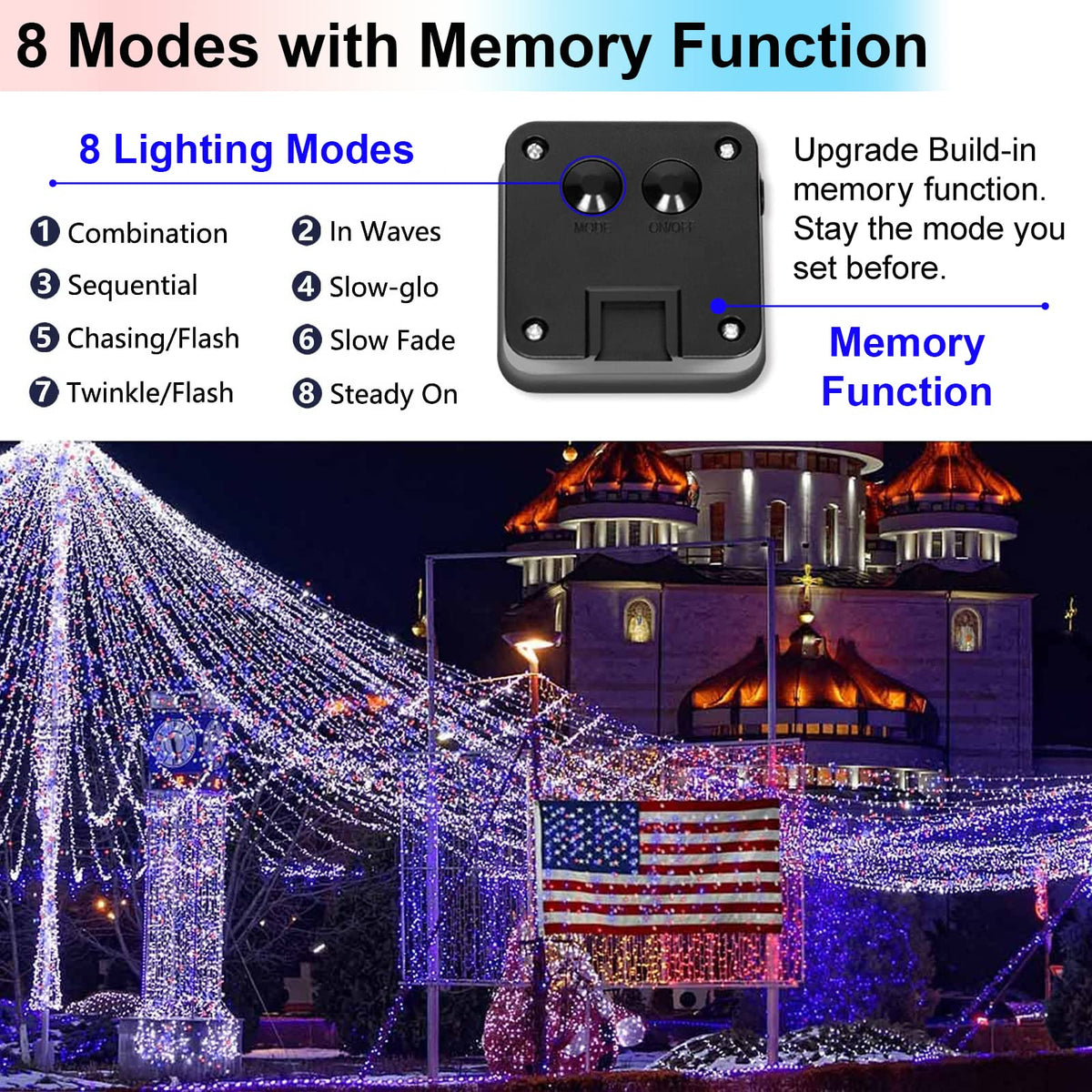 YAOZHOU 4th of July Patriotic Decorations, Red White Blue Solar Fairy String Lights Outdoor Waterproof, 2Pack Total 200LED 66Ft, IP67 8 Modes Outside for Memorial Day, Garden, Patio, Yard