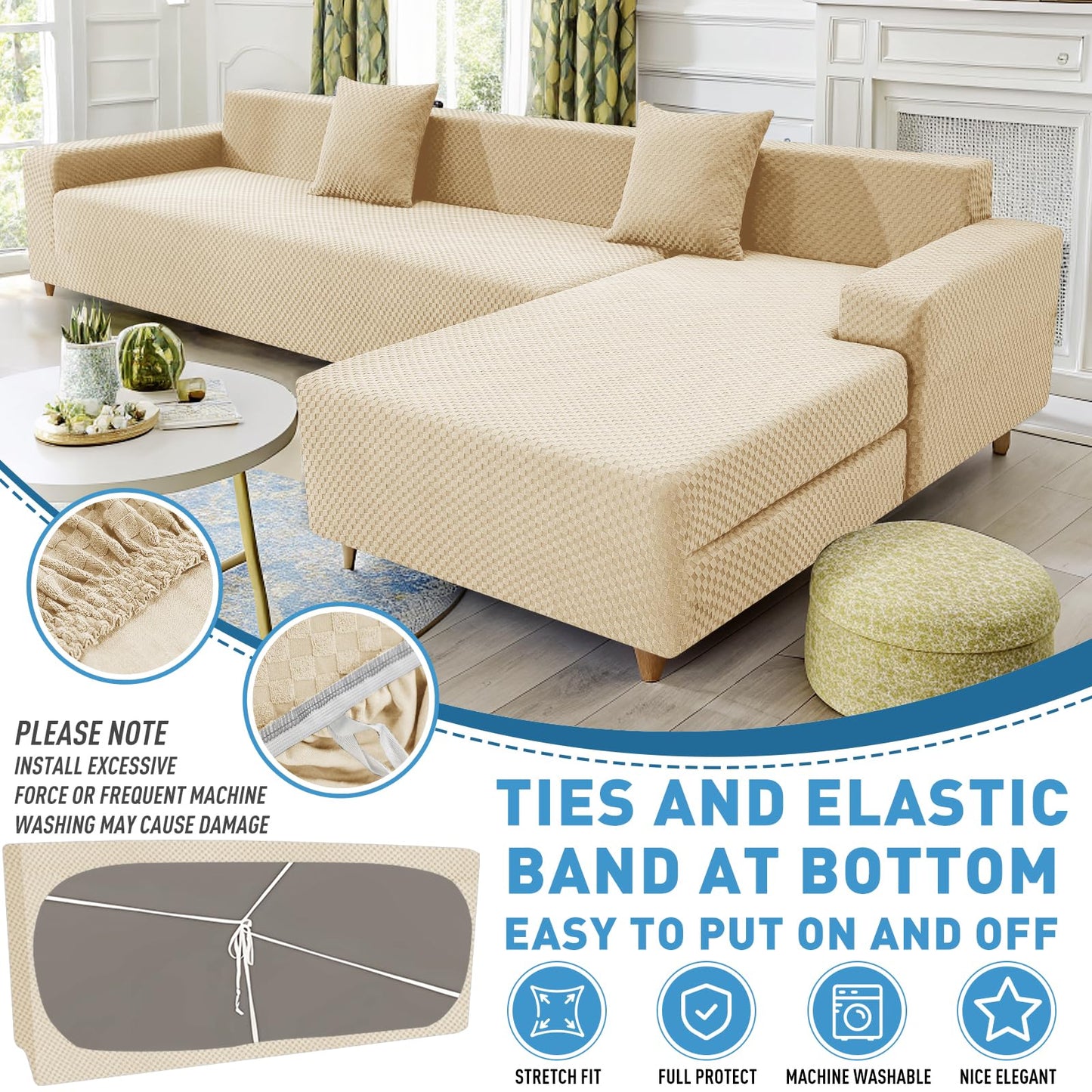 ZNSAYOTX Sectional Couch Covers, Stretch Jacquard Slipcovers with Elastic Bottom for L-Shape Sectional Sofa, 2 Pcs Pet Friendly Modular Sofa Protector (3 Seat Couch + 3 Seat Chaise, Light Beige)