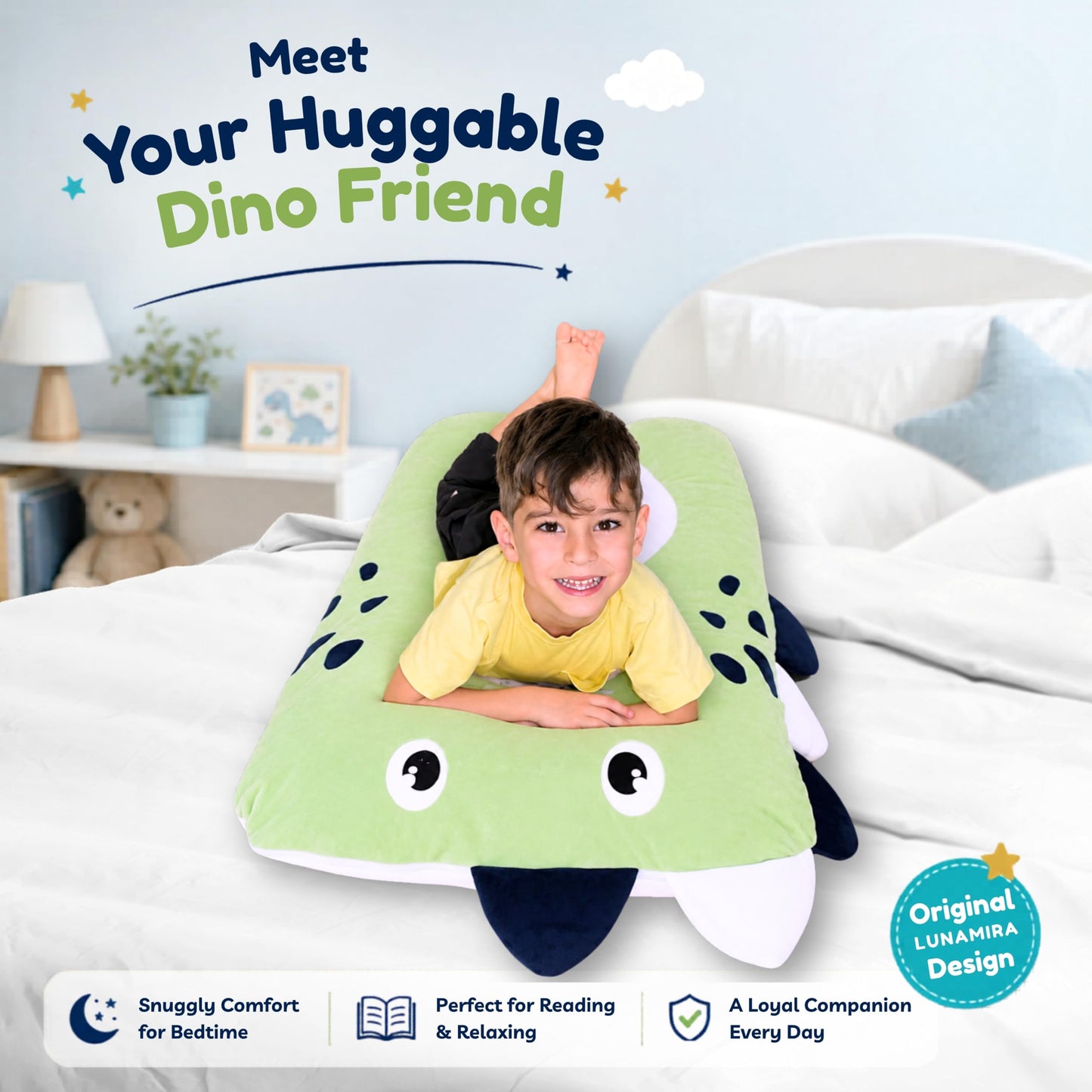 LUNAMIRA Dino Kids Body Pillow - 47" U-Shape Long Plush Soft Animal Pillow for Kids, Sleeping, Reading, ADHD & Special Needs Comfort, Anxiety, Washable Cover, Snuggle Fun Cuddle Gift for Boys & Girls