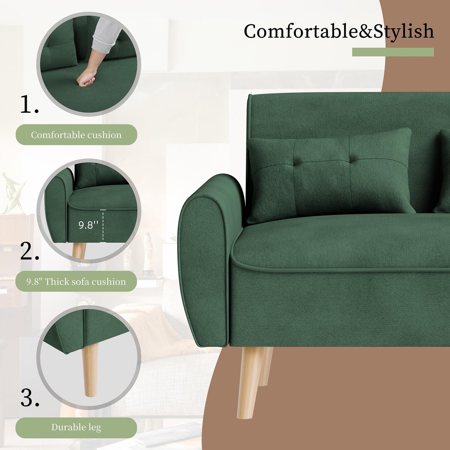 Vongrasig 47" Small Modern Loveseat Sofa, Mid Century Linen Fabric 2-Seat Sofa Couch Tufted Love Seat with Back Cushions and Tapered Legs for Living Room, Bedroom and Small Space (Green)