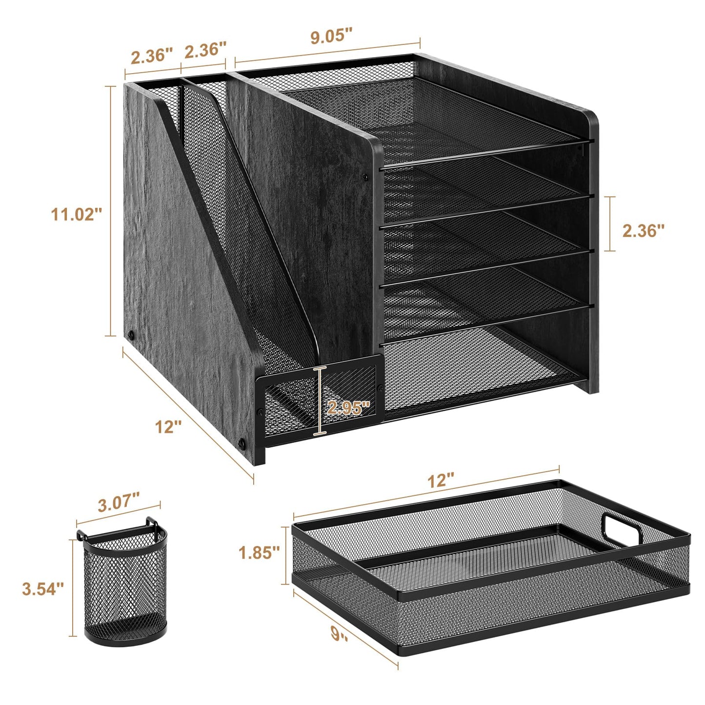 Marbrasse Desk Organizer with File Holder, 5-Tier Paper Letter Tray Organizer with Drawer and 2 Pen Holder, Mesh Desktop Organizer and Storage with Magazine Holder for Office Supplies (Wood-Black)