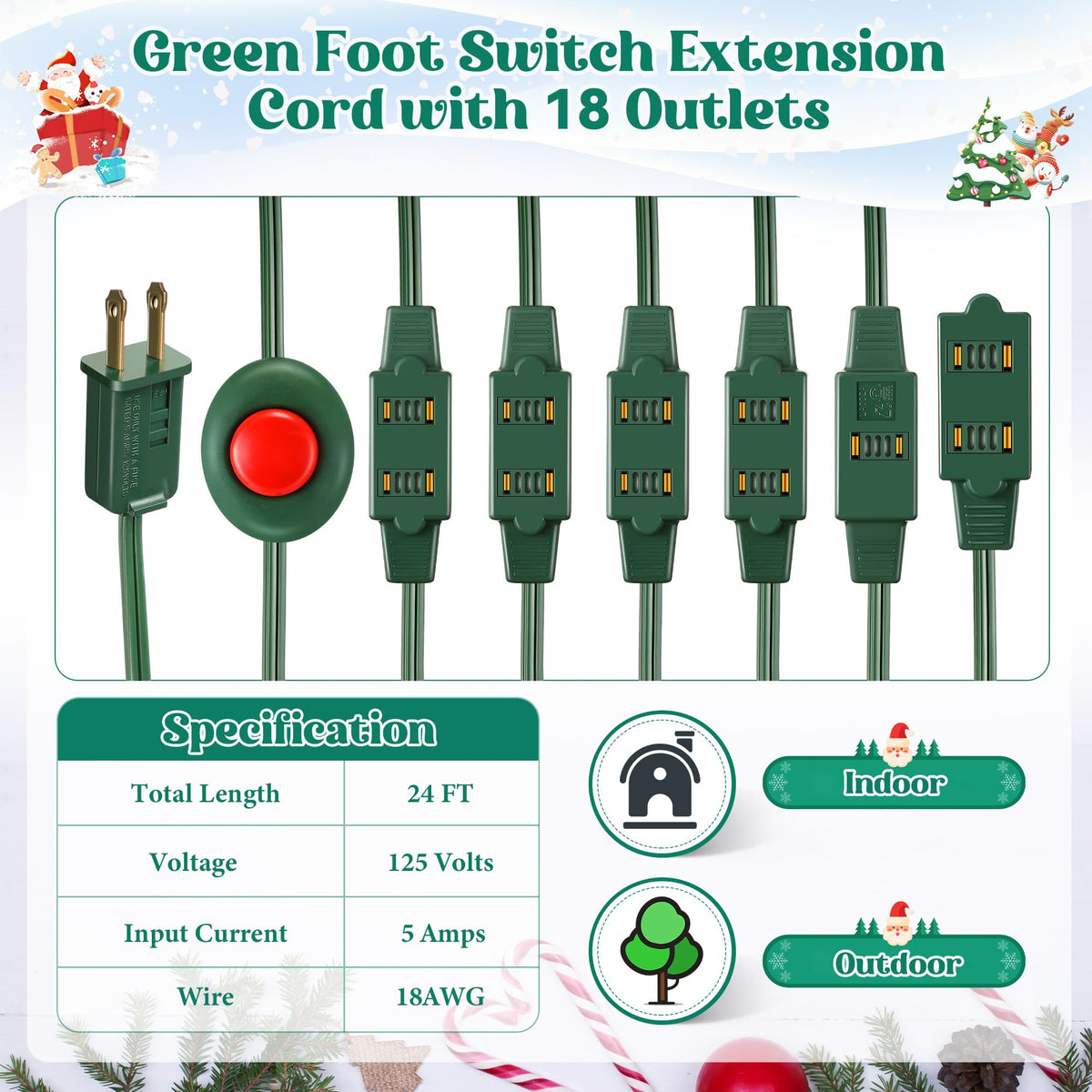 Enhon Indoor Lighted Foot Switch Extension Cord, Foot Switch Extension Cord Outdoor with Sticker, for Christmas Home Kitchen Holiday Decorations, Green(18 Outlets,24 ft)