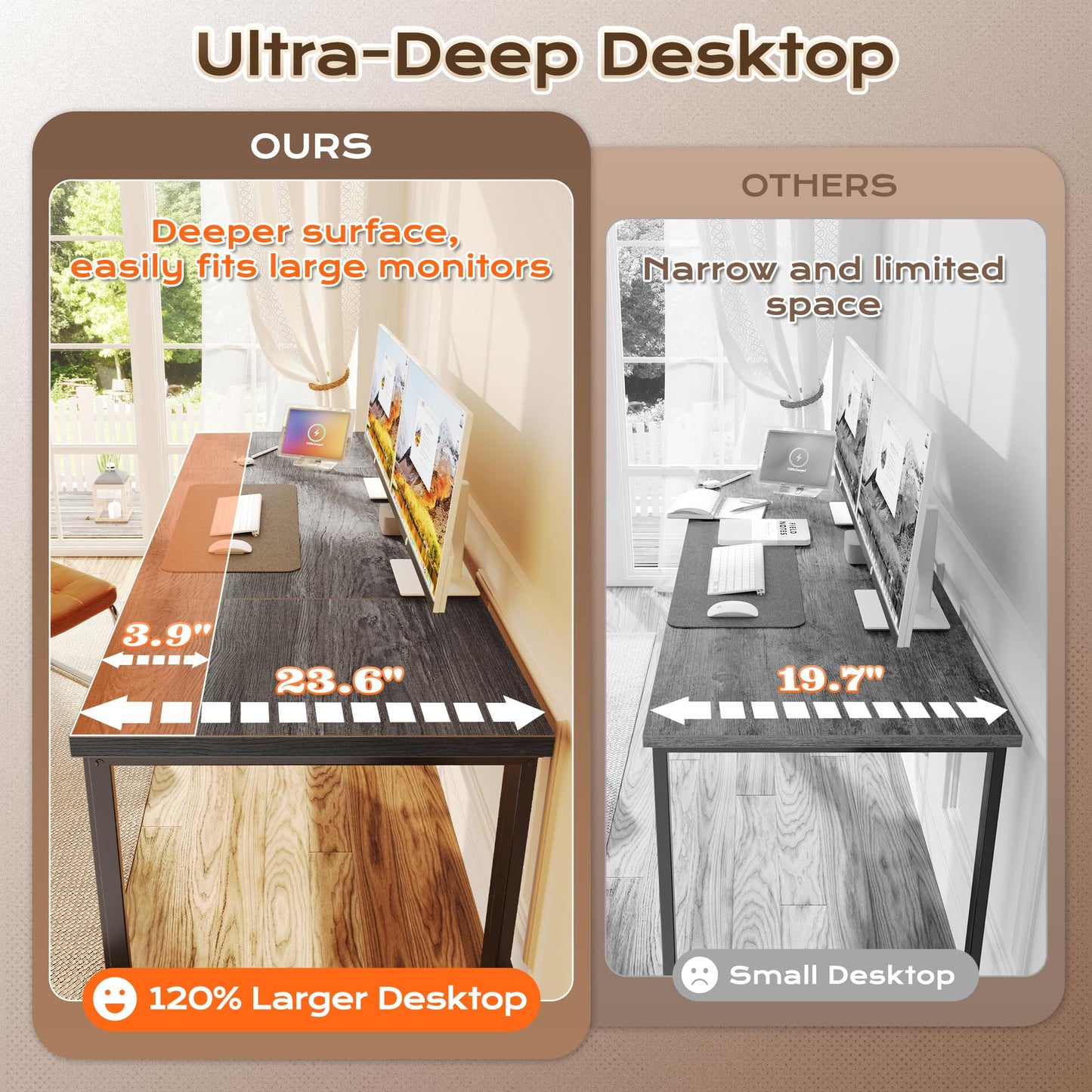 Huuger 63 x 24 inch Desk with Power Outlets & USB-C, Deeper & Thicker Desktop, Robust Metal Tubes, Computer Desk, Heavy Duty Office Desk, Work Gaming Desk, for Home Office, Grey