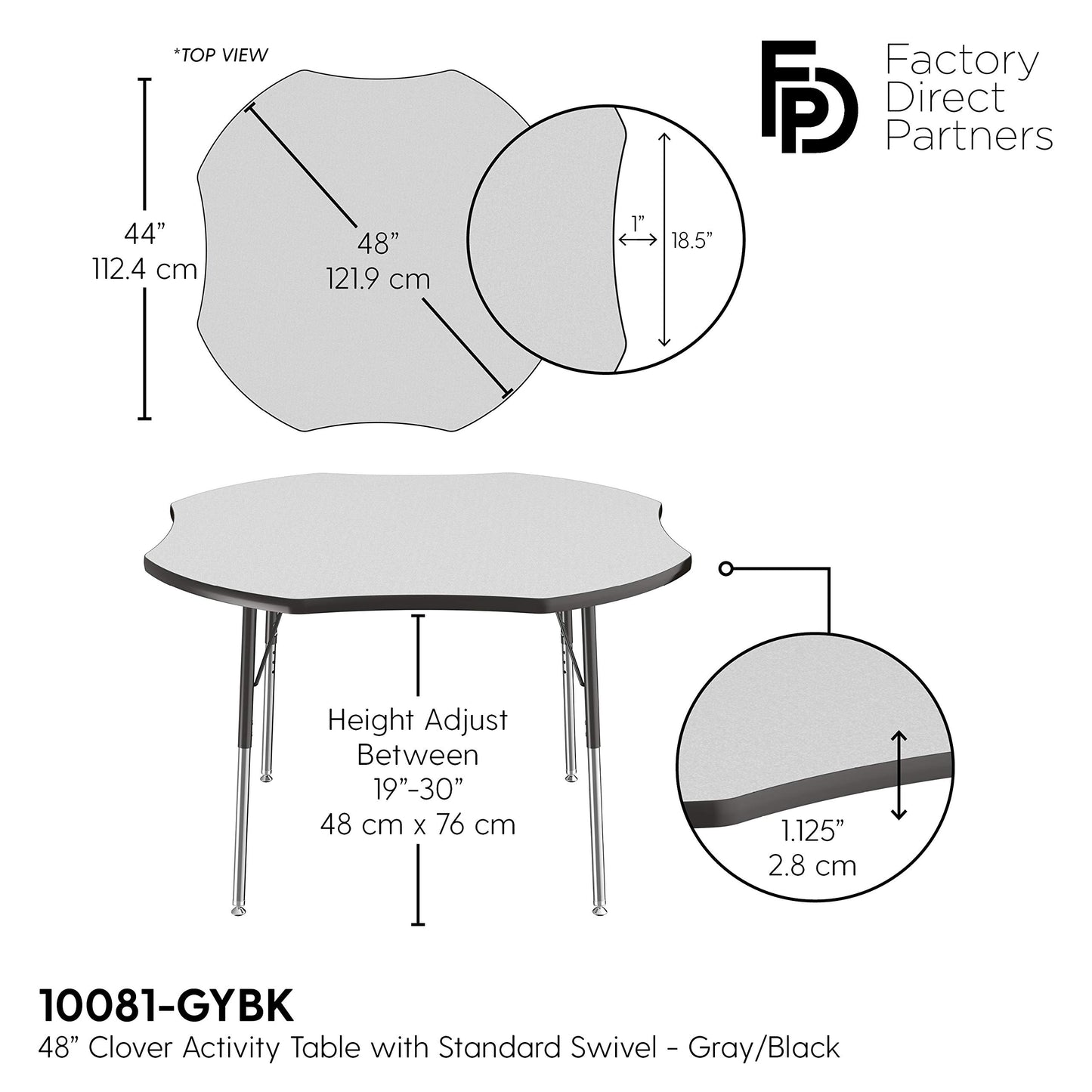 FDP Clover Activity School and Office Table (48 x 48 inch), Standard Legs with Swivel Glides for Collaborative Seating Environments, Adjustable Height 19-30 inches - Gray Top and Black Edge