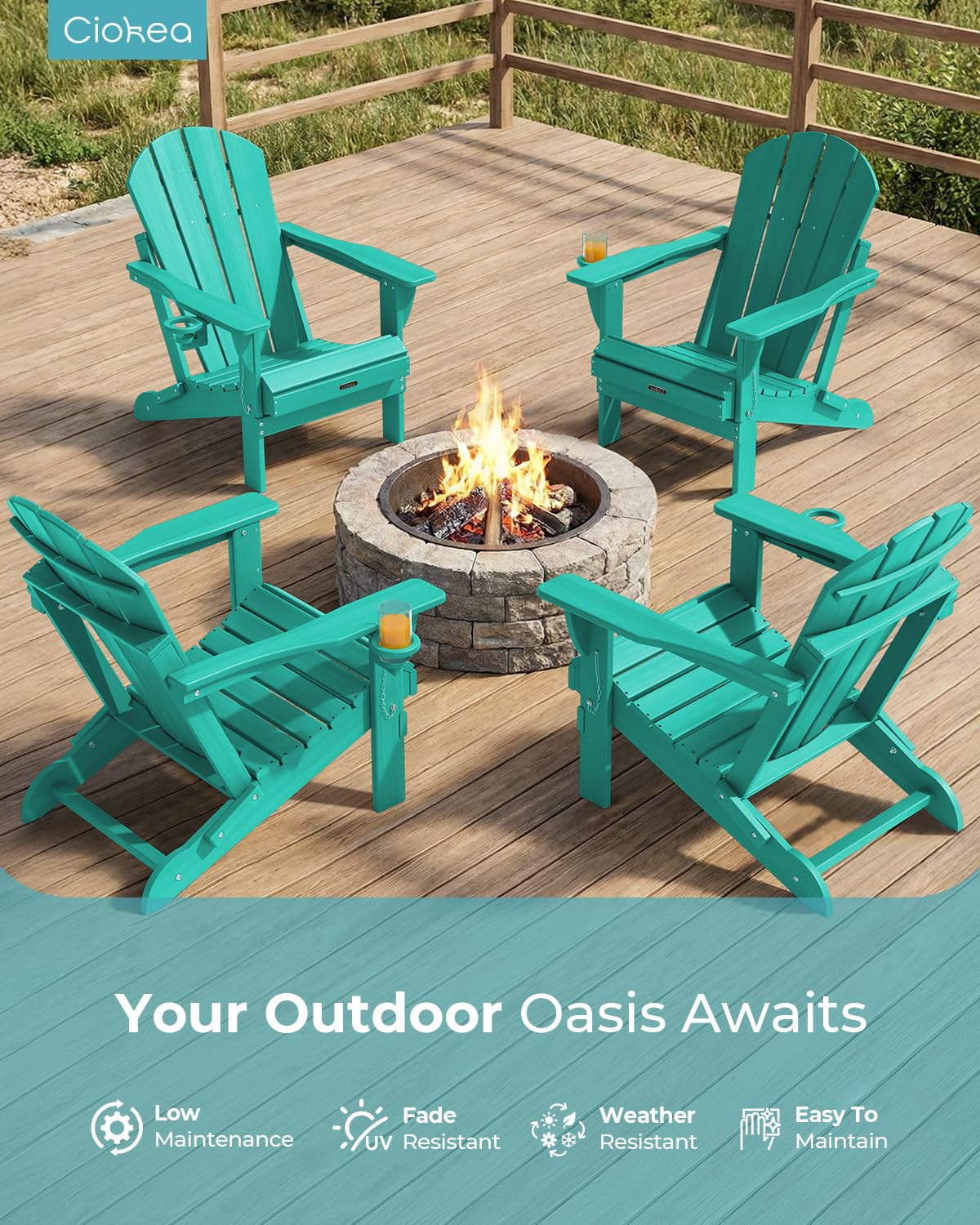 Ciokea Folding Adirondack Chair Wood Texture, Patio Adirondack Chair Weather Resistant, Plastic Fire Pit Chair with Cup Holder, Lawn Chair for Outdoor Porch Garden Backyard Deck (Lake Blue)