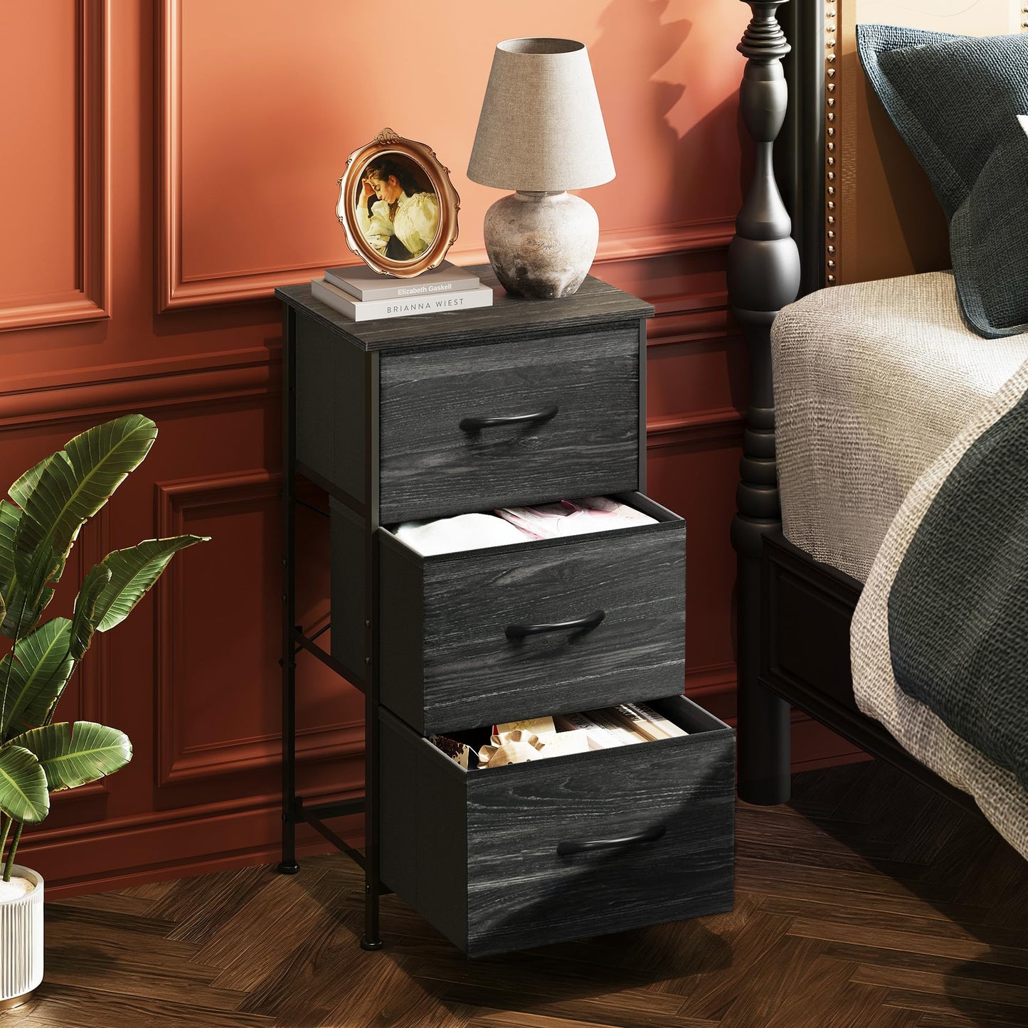 WLIVE Nightstand with 3 Drawers, Fabric Dresser, Organizer Unit, Storage Dresser for Bedroom, Hallway, Entryway, Closets, Steel Frame, Wood Top, Easy Pull Handle, Charcoal Black Wood Grain Print