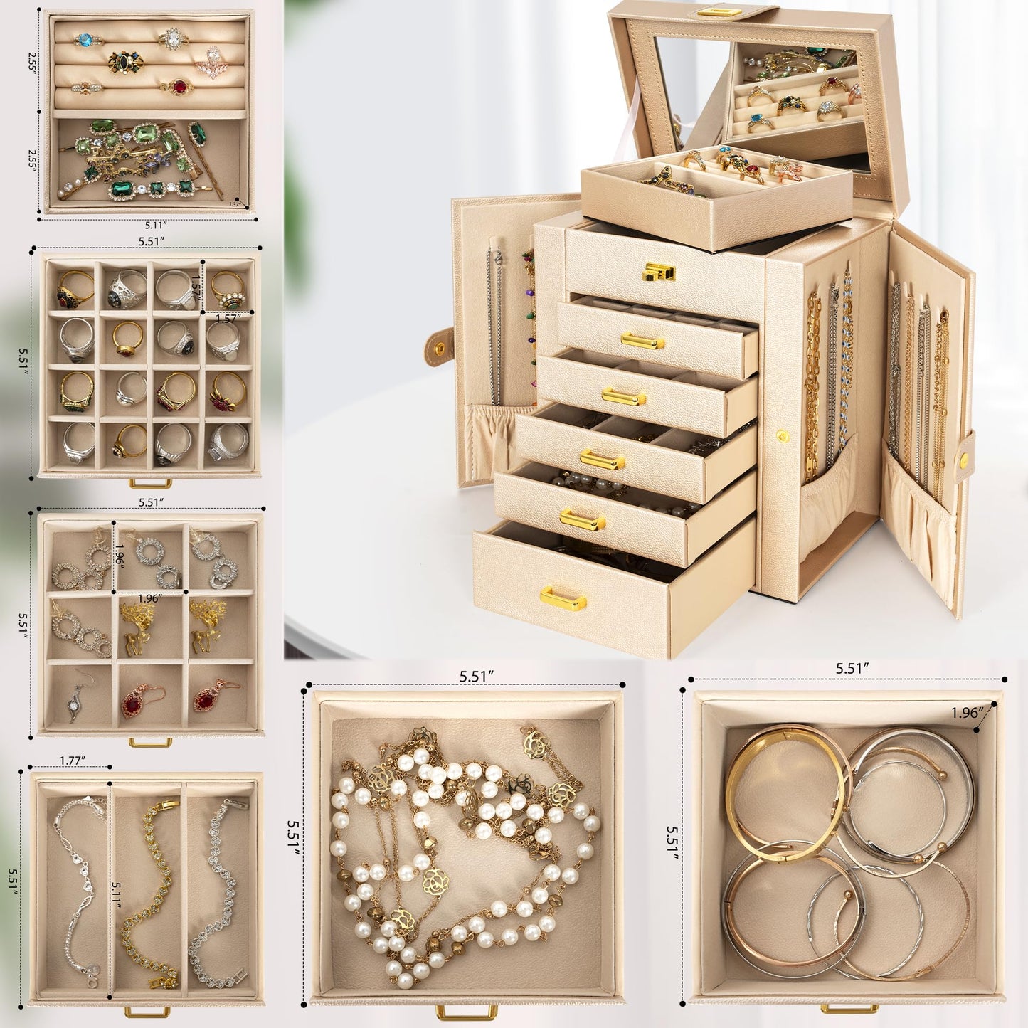 AKOZLIN 6-Tier Jewelry Box Organizer Functional 5 Drawers Leather Jewelry Storage Case for Women Girls Ring Necklace Earring Bracelet Holder Organizer with Mirror Champagne Regular