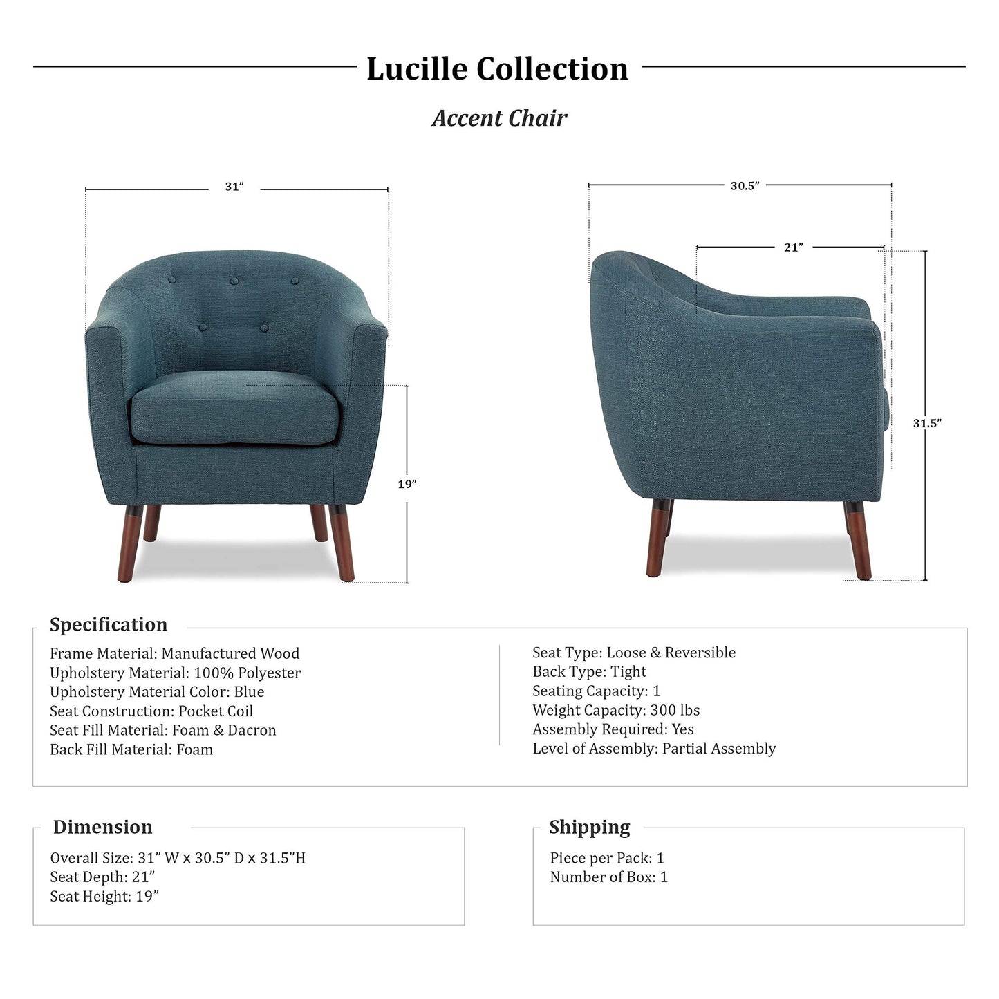 Homelegance Lucille Modern Accent Chair, Upholstered Reading Chair with Button-Tufted Back, Sloped Arms, Removable Seat Cushion Cover and Espresso Wood Legs, for Living Room, Bedroom or Office, Blue