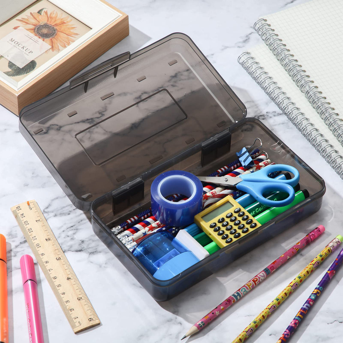 Fainne 24 Pack Pencil Boxes for School Clear Plastic Pencil Case Large Plastic Crayon Box Bulk Stackable Classroom Stationery Organizer School Supplies(Gray)