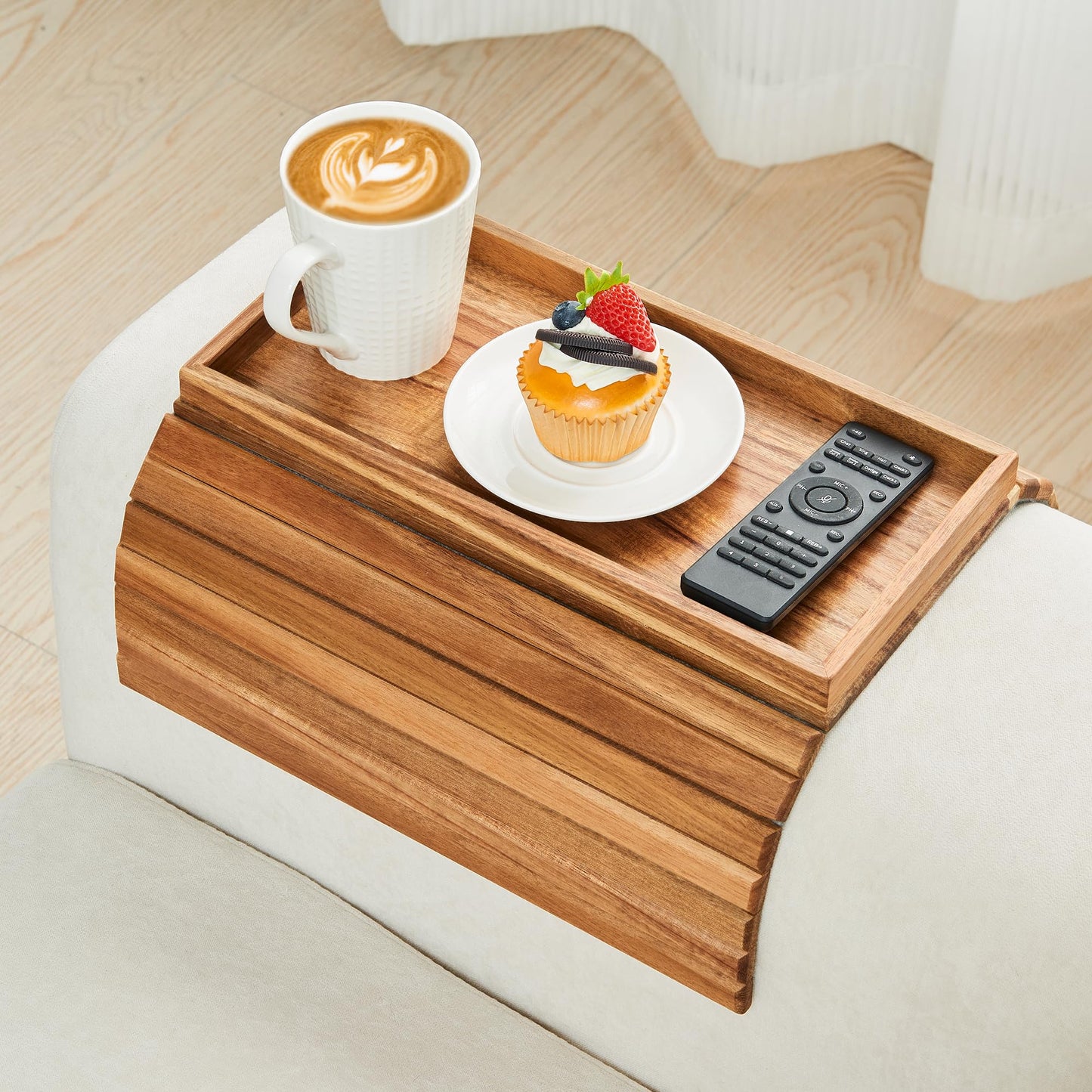 GEHE Acacia Wood Sofa Arm Tray, Foldable Couch Arm Tray Side Table, Anti-Falling Armrest Tables Cup Holder for Snacks, Drinks, Beers, Phone, Control, Flexible and Portable, Anti-Slip