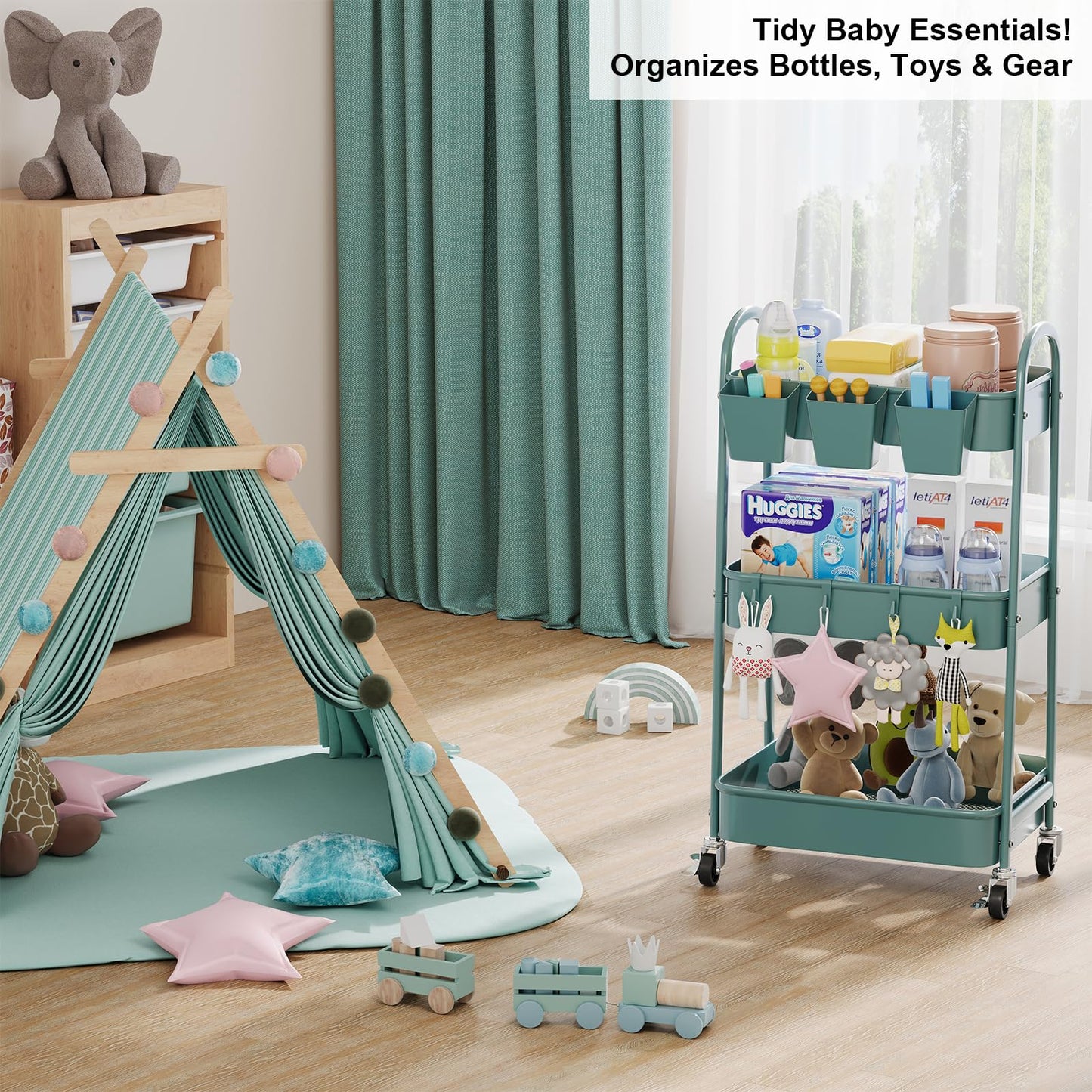 3 Tier Green Metal Rolling Cart with Lockable Wheels and Handle, 3 Tiered Utility Storage Organizer Carts for Teachers, Arts, Craft, Snack, Book, Bedside, Nursery, Cleaning Supplies, Easy Assembly