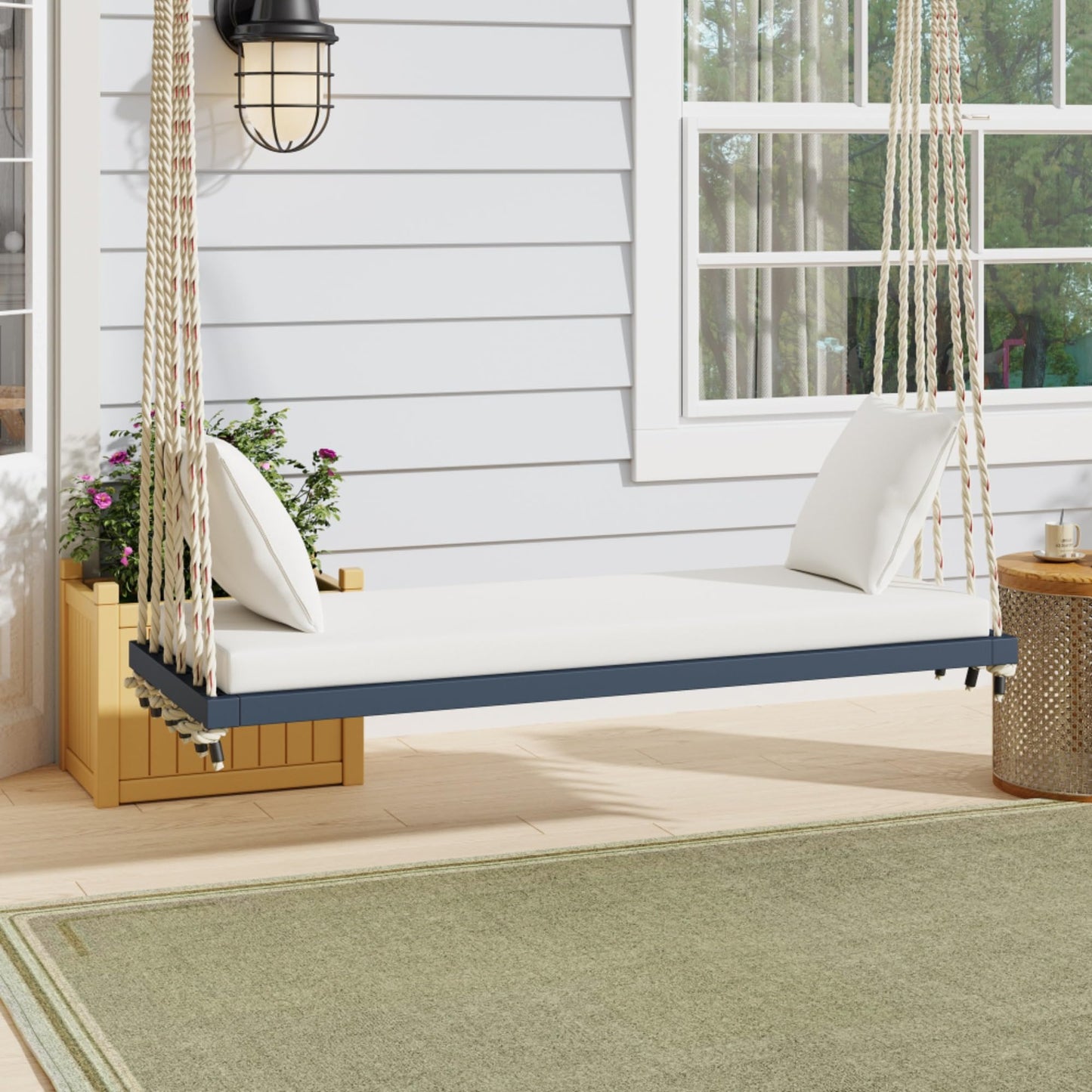 Patio Wooden Swing Chair, Acacia Wood Hanging Porch Swing Bench with Cushion & Pillows, Heavy Duty Hemp Ropes Swing Chair for Garden, Backyard, Lawn & Outdoor Relaxation (Gray)