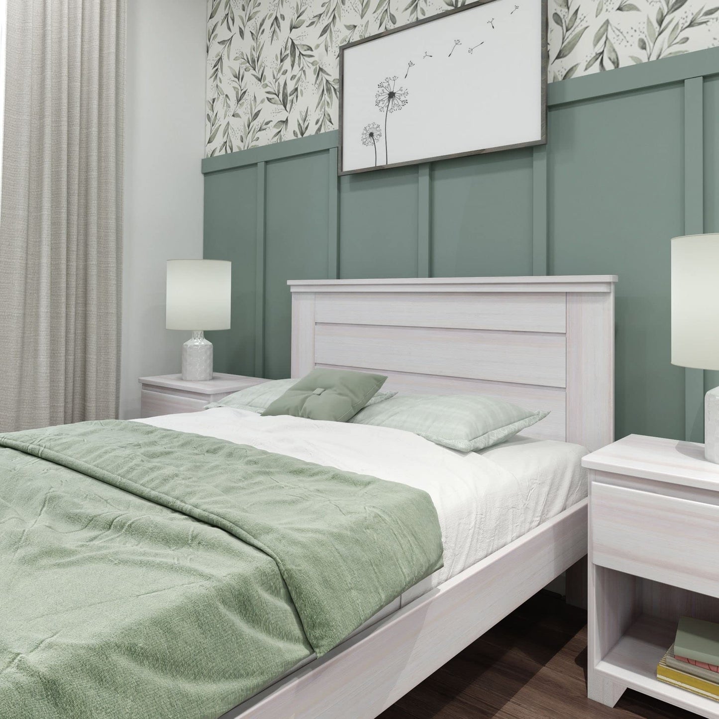Max & Lily Modern Farmhouse Platform Bed with Panel Headboard, Full, White Wash