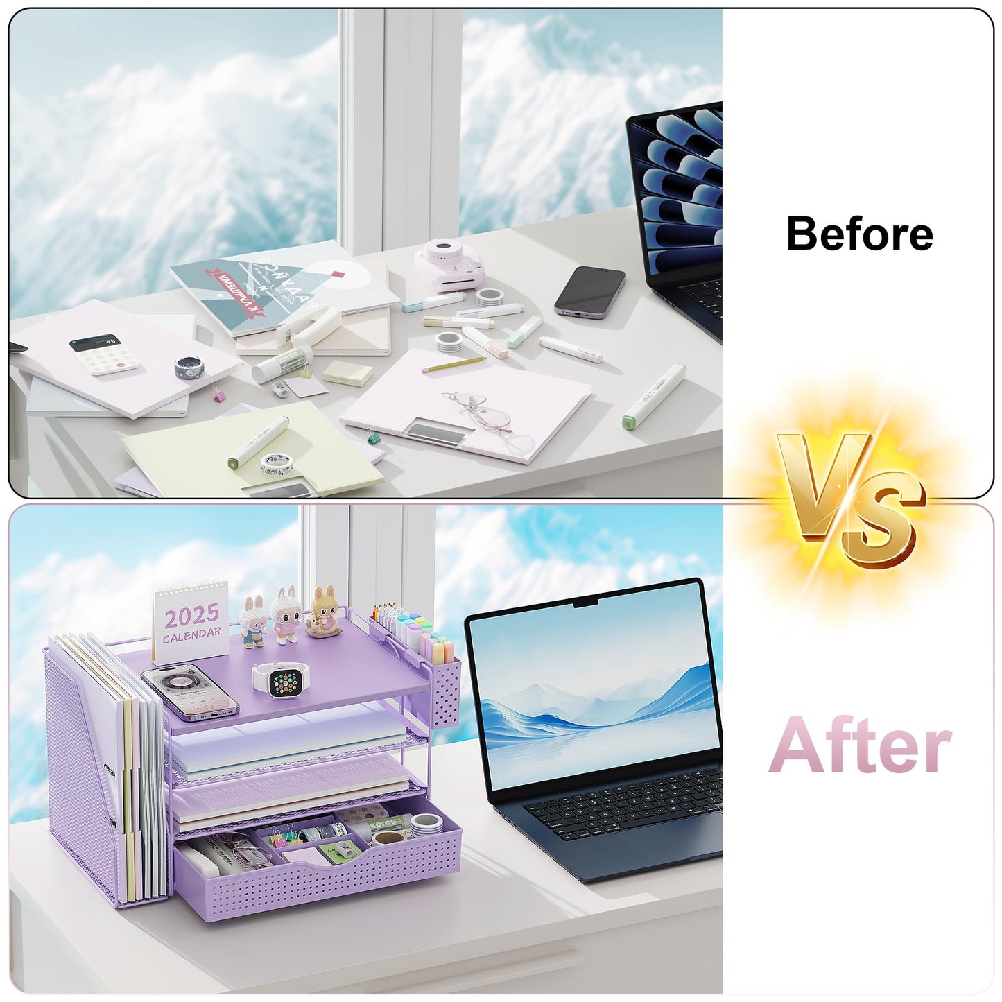gianotter Wood Desk Organizers and Accessories with File Holder, 4-Tier Desk Accessories & Workspace Organizers with Drawer and Pen Holder, Desk Reference Organizer (Purple, 4T with Drawer)