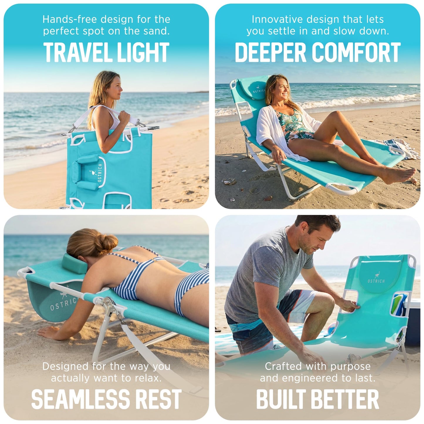 Ostrich the Original Chaise 72 x 22 Inch Lounge Portable Reclining Lounger, Outdoor Patio, Beach, Lawn, Camping, or Pool Tanning Chair, Aqua