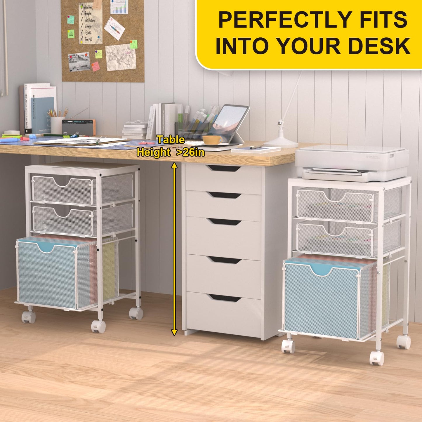 BOHDK Rolling File Cart with 3 Storage Drawers, Wood & Mesh Hanging File Folder Organizer with Wheels Under Desk, File Cabinets for Home Office, 11.81" D x 14.8" W x 25.39" H, White