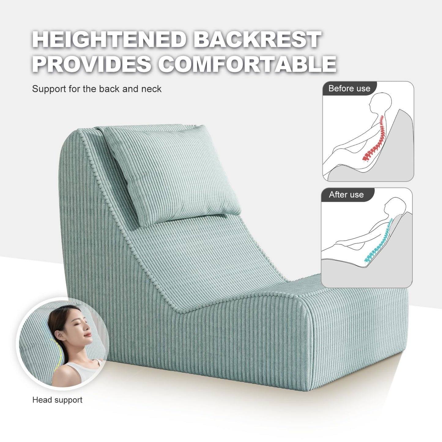 Giant Bean Bag Chair for Adults,Corduroy Chaise Lounge with Unrivaled Back Support, Detachable Neck Pillow, Comfortable Ottoman & Washable Cover for Living Room, Bedroom, Garden(Mint Green)