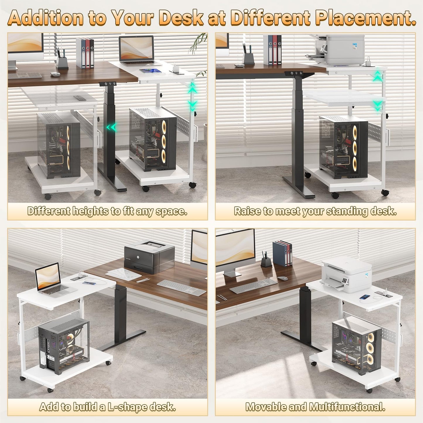 Besiost 32" Large Computer Tower Stand with Power Strips, 4 Levels Manual Height Adjustable PC Tower Stand for Under Desk, Mobile Rolling CPU Holder Computer Cart with Wheels, Carbon Fiber White
