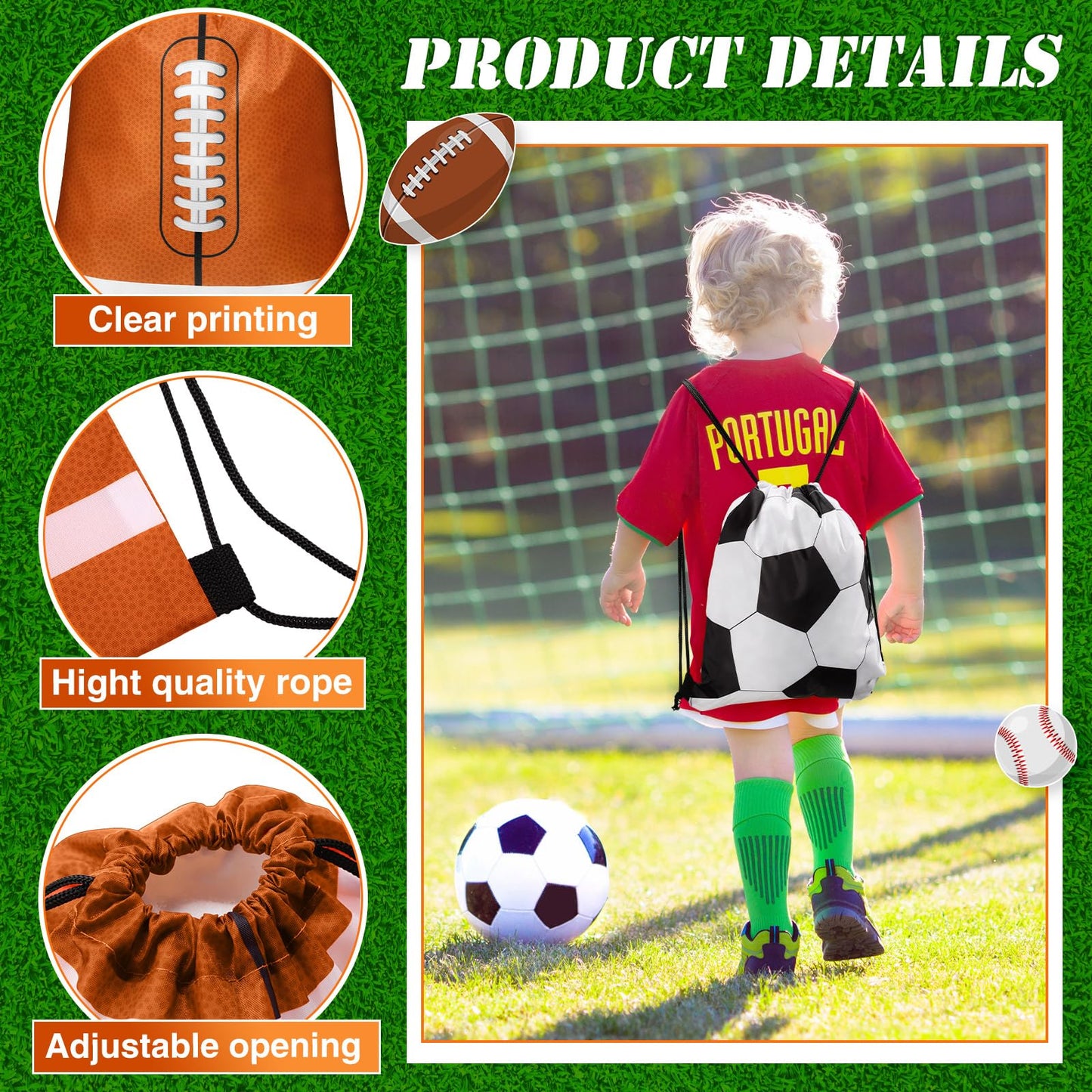 Censen 24 Pcs Drawstring Bags Set Bulk 12 x 10 Inch Waterproof Beach Pack for Soccer Baseball Basketball Football Gift Party (Sport Style)