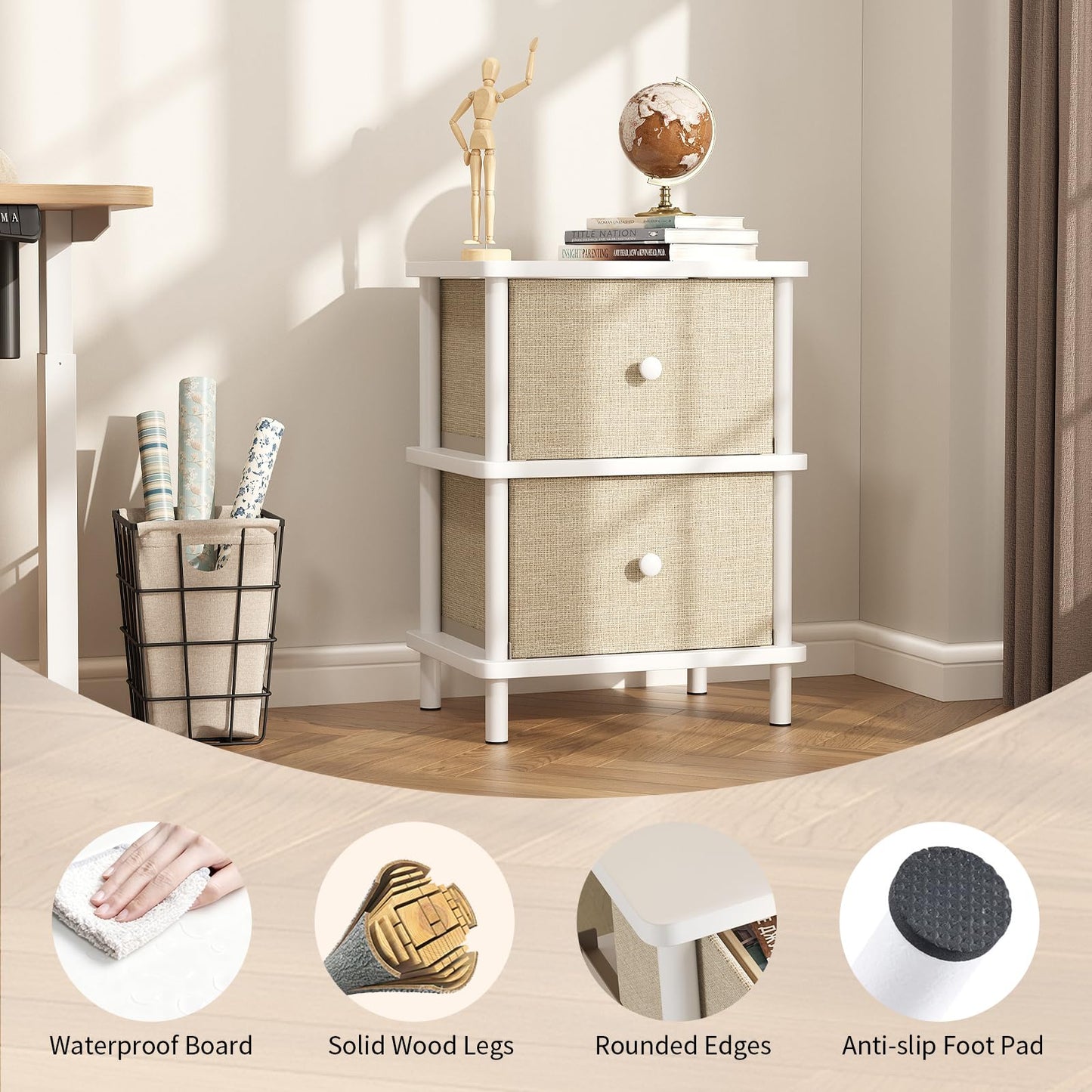 Apicizon Nightstand with 2 Storage Drawers, Boho Side Table with Solid Wood Legs, End Table for Small Spaces, Bedroom, Living Room, Entryway, White