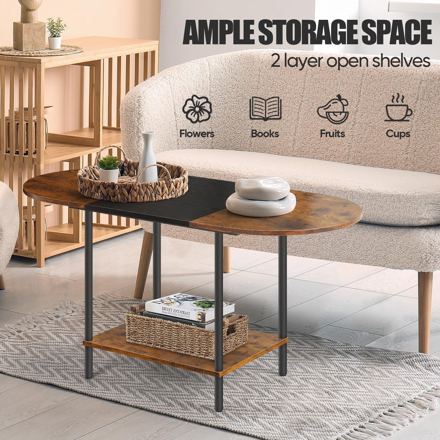 KANEODOT Small Coffee Tables for Living Room,Mid Century Oval Center Table with Storage Shelf and Wood Tabletop,2-Tier Farmhouse Narrow Cocktail Tea Table for Small Space,Apartment,Rustic Brown