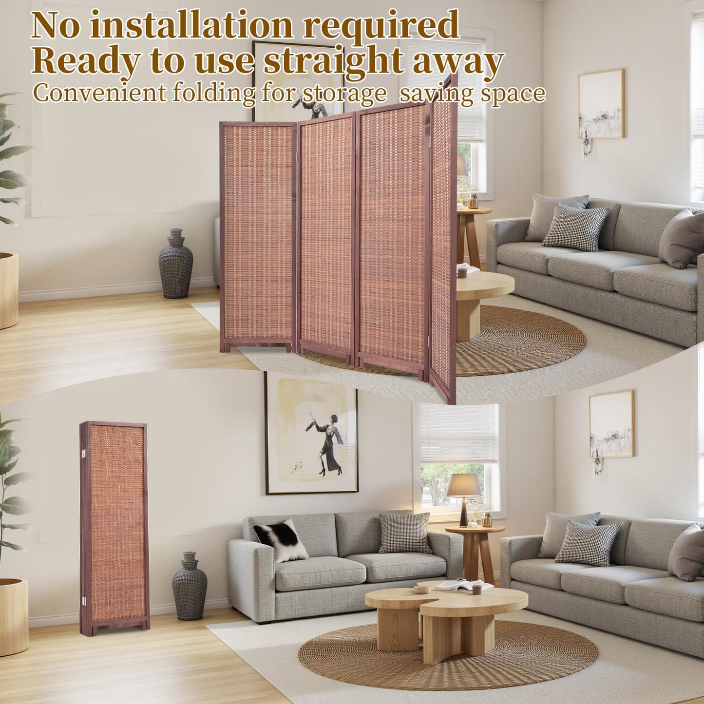 Short Bamboo Room Divider Panel with 360°Rotating Feet,4 Panel 47" H Folding Privacy Screen for Room Separator, Handcrafted Room Partition,Portable Wall Divider,Brown, 47.24" H x 63" W