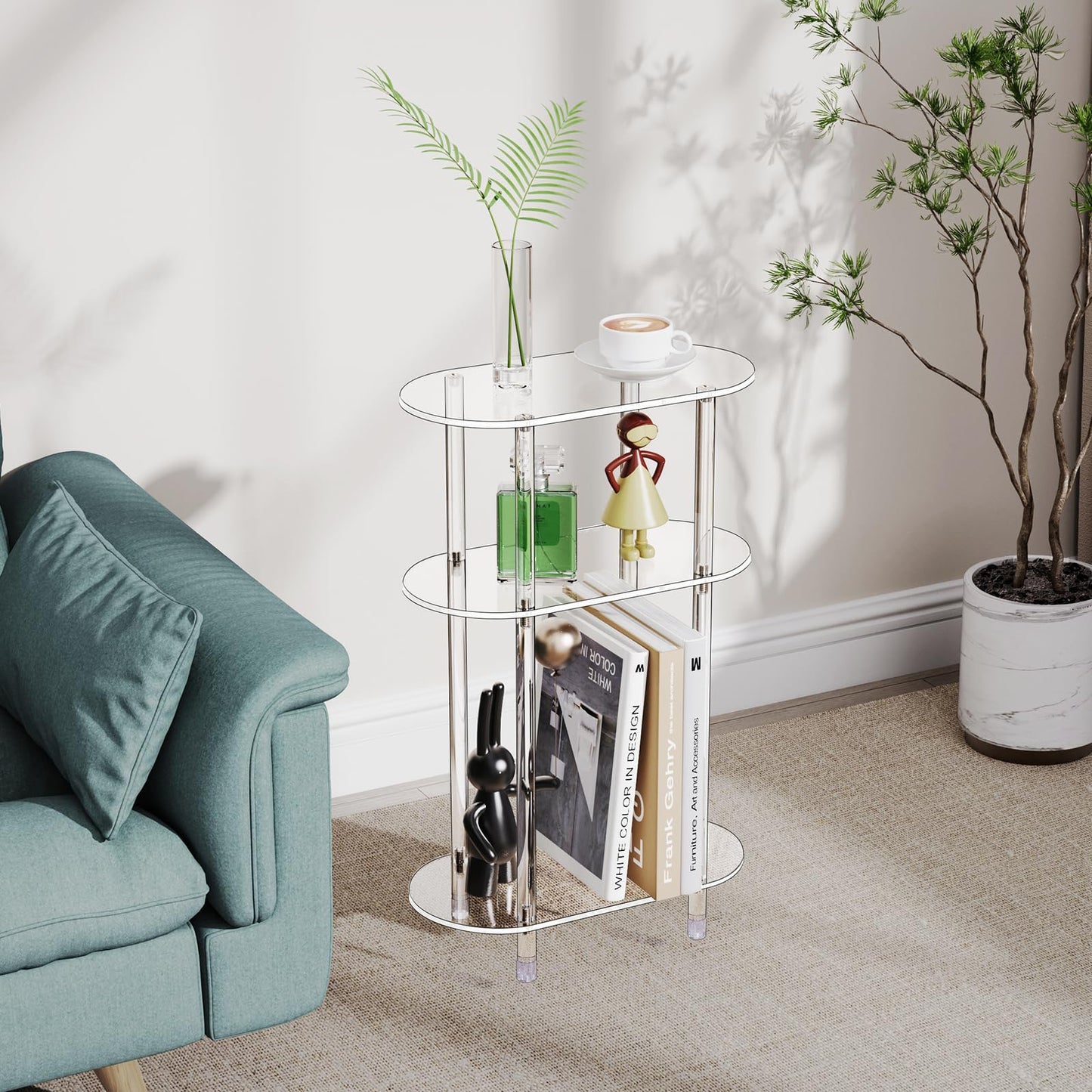 Bkemiy Clear Acrylic Narrow Side Table Set of 2 for Small Spaces, 15.75" L x 7.87" W x 24.6" H, 3 Tier Oval Slim End Table Nightstand, Small Skinny Bedside Table for Bedroom, Bathroom, Living Room