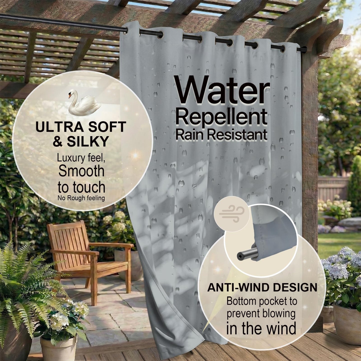 DIVA EN CAMINO DEC Outdoor Patio Curtain Waterproof Darkening Thermal Insulated Indoor Curtains for Bedroom, Porch, Living Room, Pergola, Cabana, W84 x L95, Light Gray, Set of 2 Panels