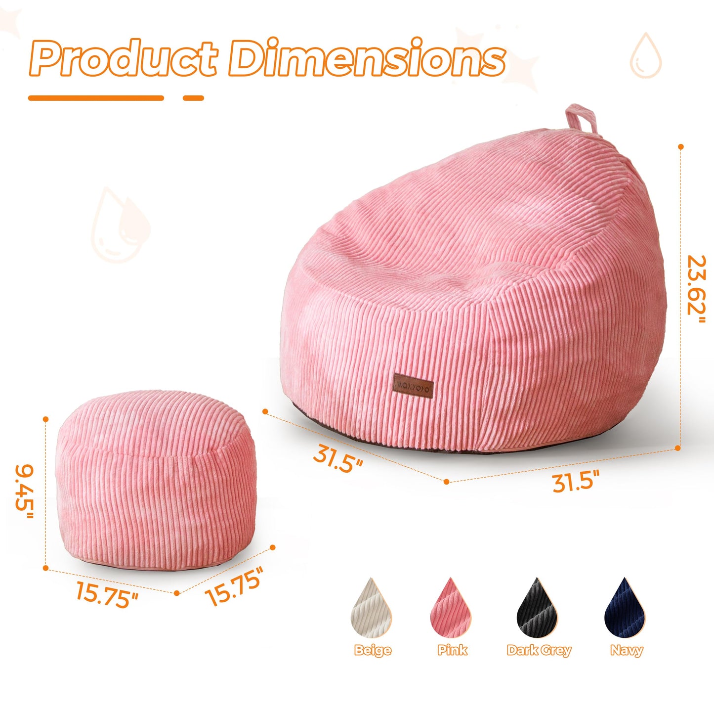 MAXYOYO Kids Bean Bag Chair with Ottoman, Soft Plush Bean Bag Sofa with Removable Cover for Boys and Girls, Convenient Floor Seat with Handle, Comfy Toddler Lounge Chair for Playroom, Bedroom, Pink