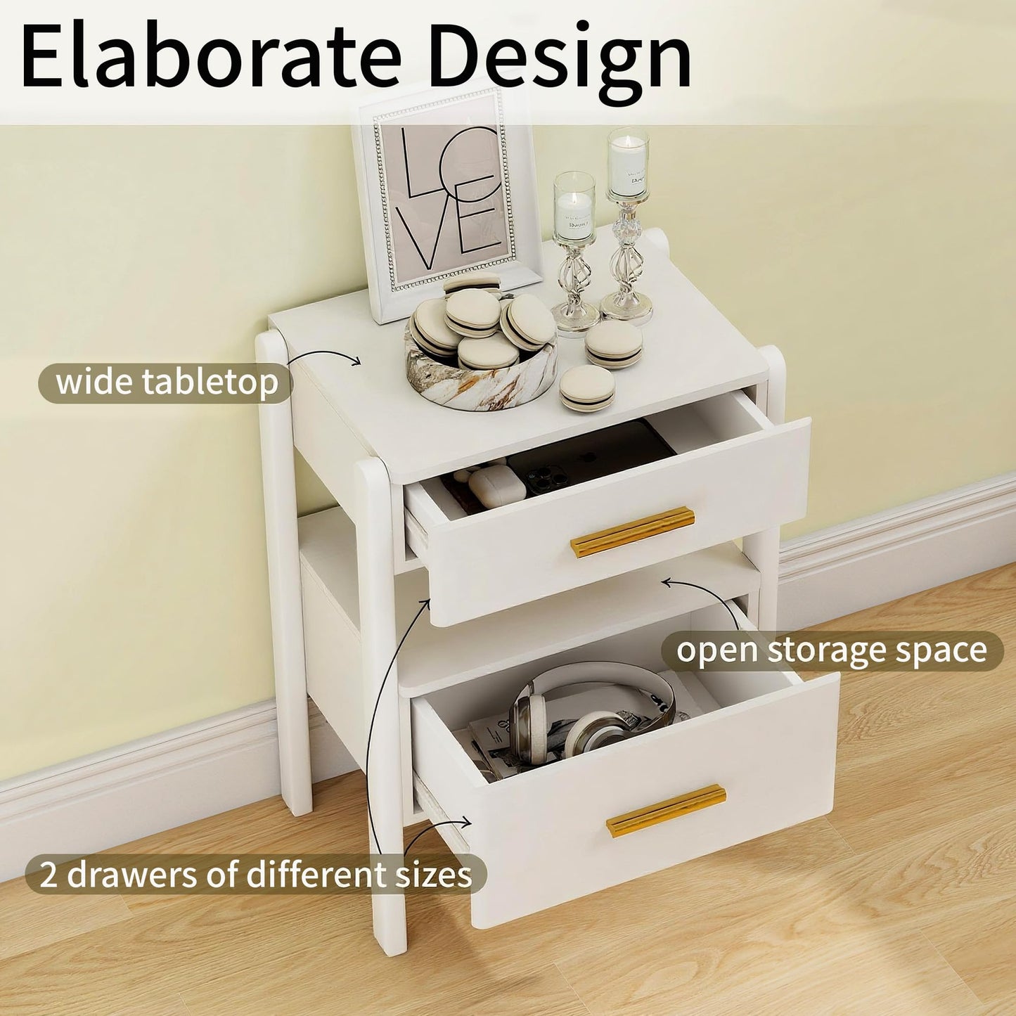 Tltaroni Nightstand with 2 Drawers and Open Shelf Wooden Bedside Table Gold Handles Modern Storage Night Stand Sensor Light for Bedroom, White