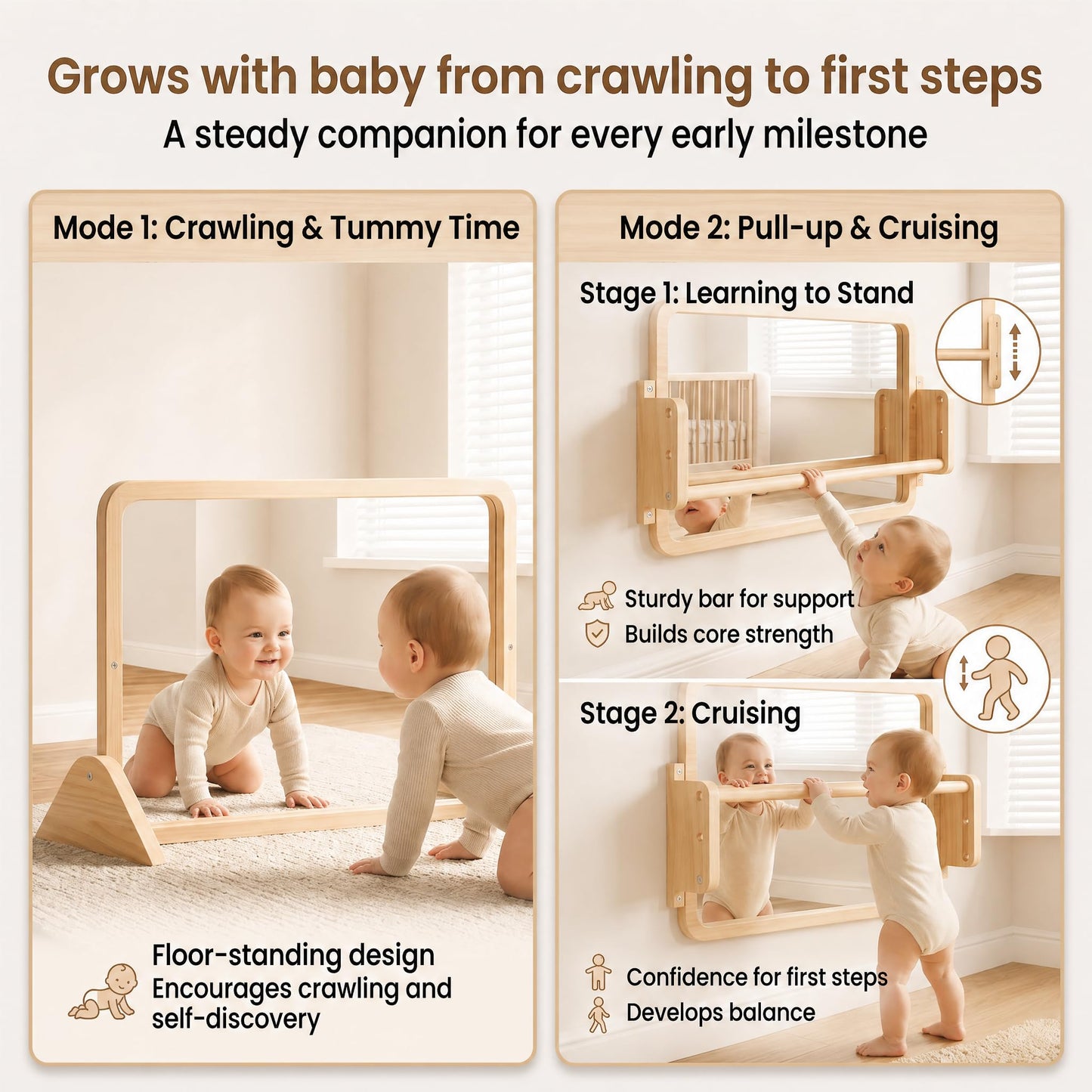Woodtoe 3-in-1 Montessori Mirror with Bar, Adjustable Toddler Mirror & Pull Up Bar, Montessori Learning Toy for Baby 6-18 Months, Nursery Mirrors, Natural Wood Furniture for Daycare, Kids Classroom