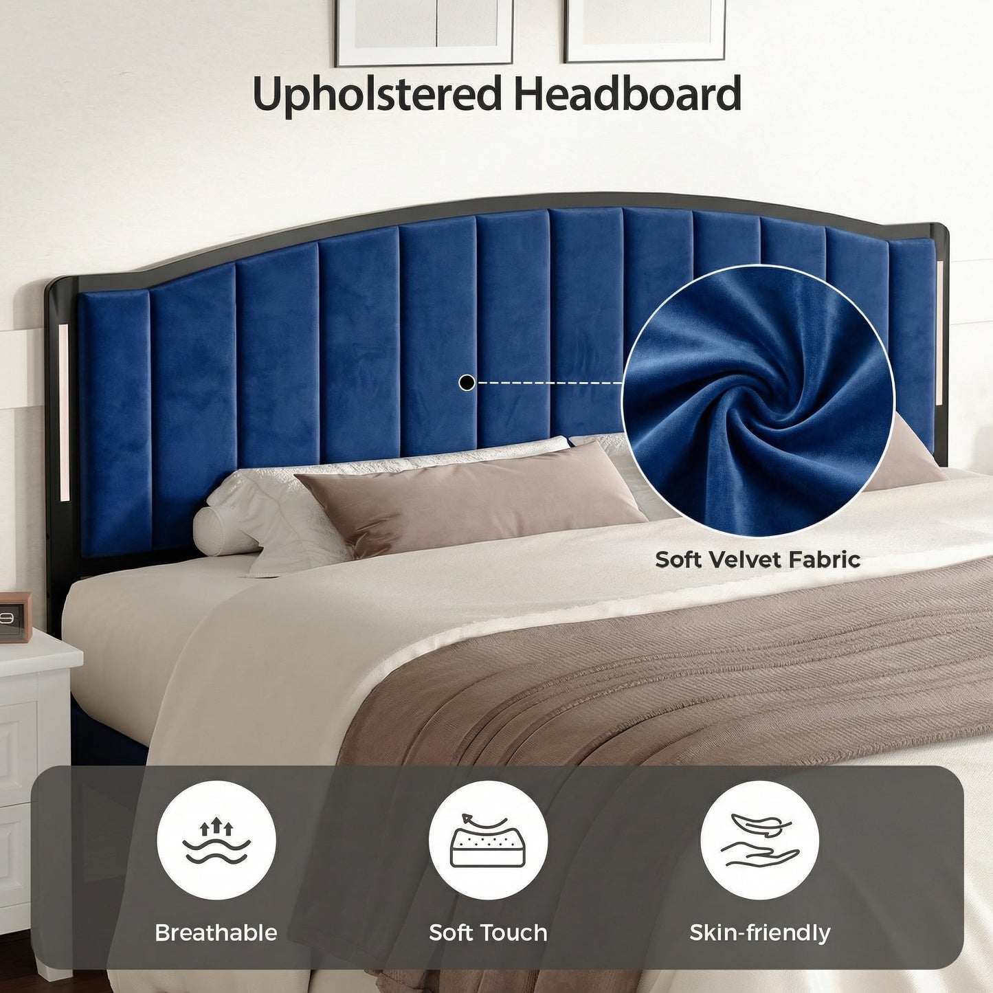 Salamir Headboard for Queen Size Bed with LED Lights, Upholstered Vertical Channel Tufting Head Boards, Velvet Headboard Only, Attach Frame, Ideal for Bedroom, Dorm, Guest Room, Blue