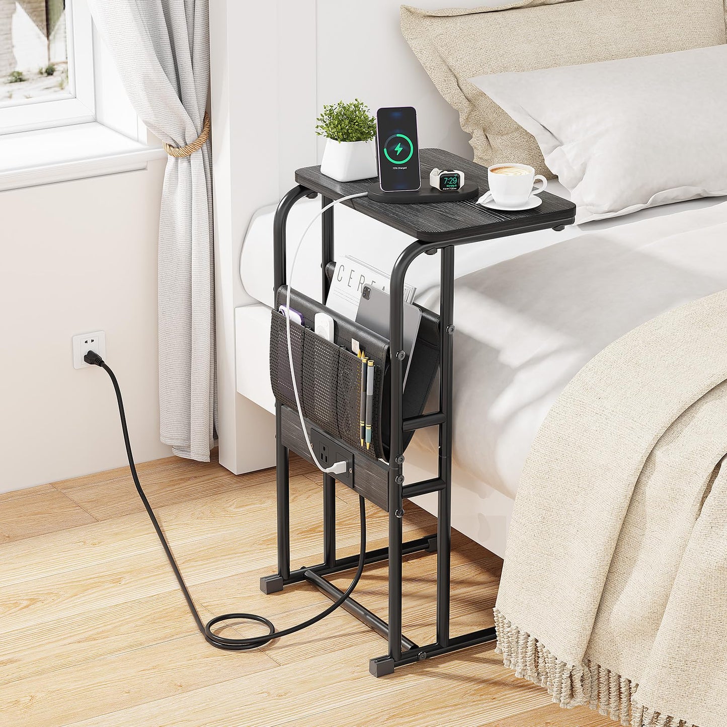 Olldide C-Shaped End Table with Charging Station and Storage Bag, Slide Under Couch Sofa Side Table, Metal Frame for Living Room, Bedroom, Small Space (Black)