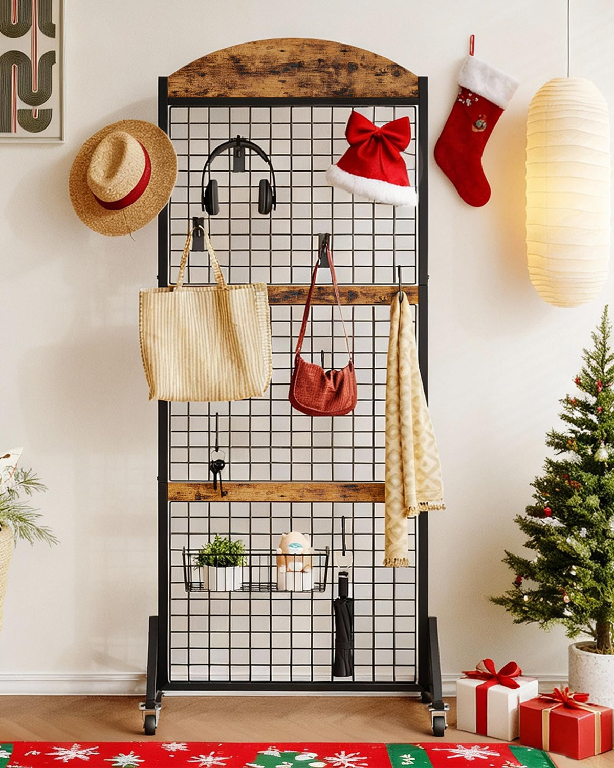 CHOEZON Grid Wall Panel 5.7’ x 2’ FT Grid Display Rack, Movable Gridwall Display Stand with Wheels,Floorstanding Wire Grid Rack with 4 S-Shaped Hooks and 4 Garment Hooks Rustic Brown and Black TCJ17BF