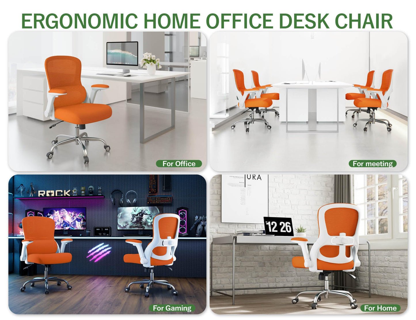 Office Chair Ergonomic Desk Chair Comfy: 400LBS Mesh Computer Chair Ergonomic Gaming Chairs with Wheels Adjustable Lumbar Support and Flip up Armrest-Swivel Executive Chairs Long Hours(Orange)