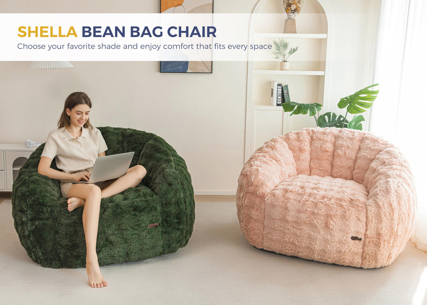 MAXYOYO Giant Bean Bag Chair for Adults, Stuffed Shell-Shaped Large Bean Bag Couch, Cozy Living Room Chair with Filler, Floor Sofa Lazy Sofa for Bedroom Living Room, Pink