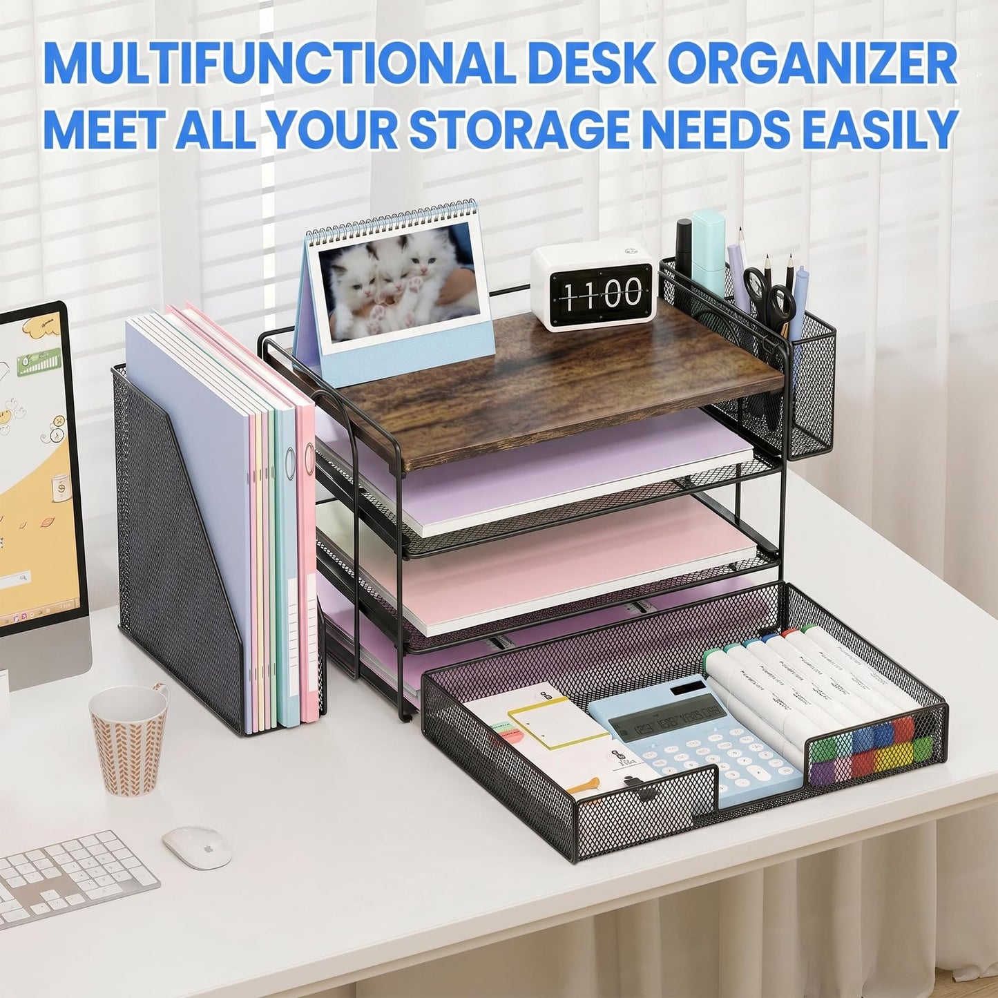 OPNICE Wood Desk Organizers and Accessories, 4-Tier Desktop Paper Letter Tray Organizer with Drawer and Pen Holders, Office Desk Accessories & Workspace Organizers for Home Office Supplies, Brown Wood