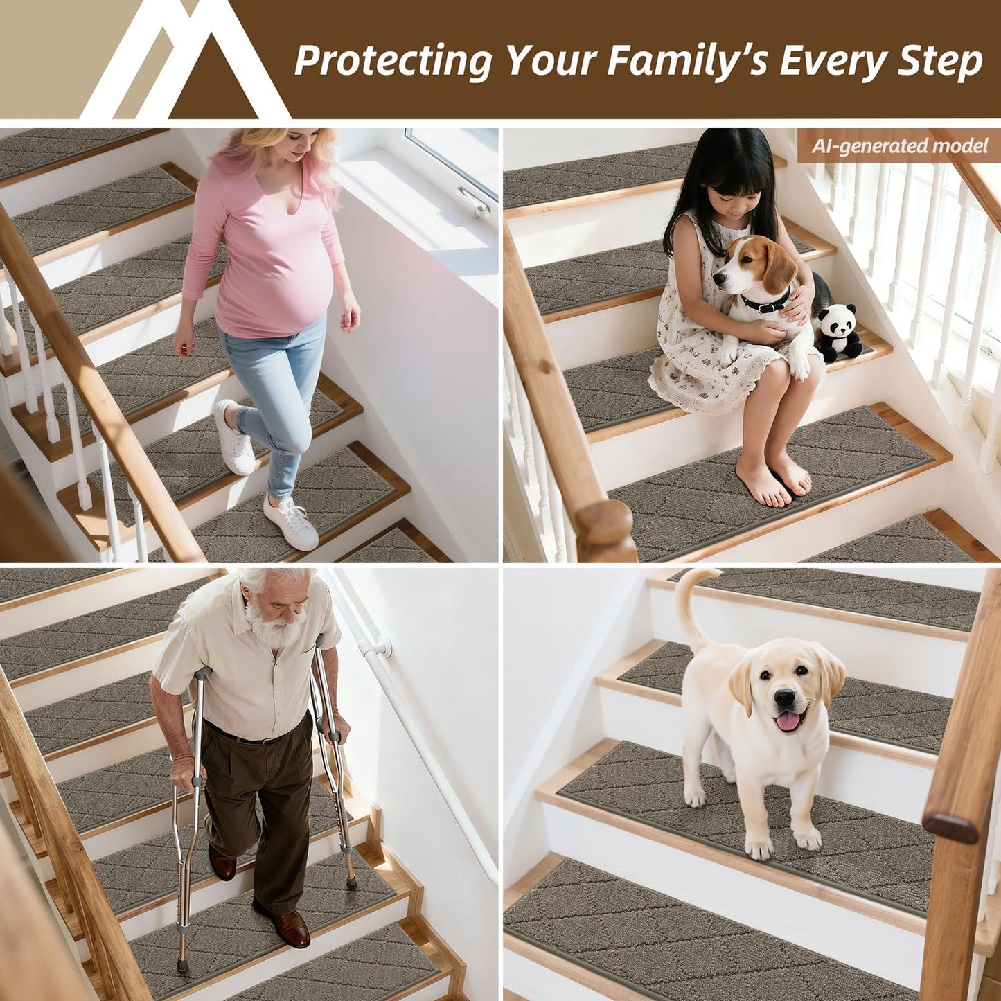 COSY HOMEER Stair Treads for Wooden Steps 9"x28" Washable Indoor Carpet Stair Treads Non Slip Soft Polyester Stair Carpet Tread Reusable Stair Runner Rugs for Kids, Elders,Pets,Light Brown,4pcs