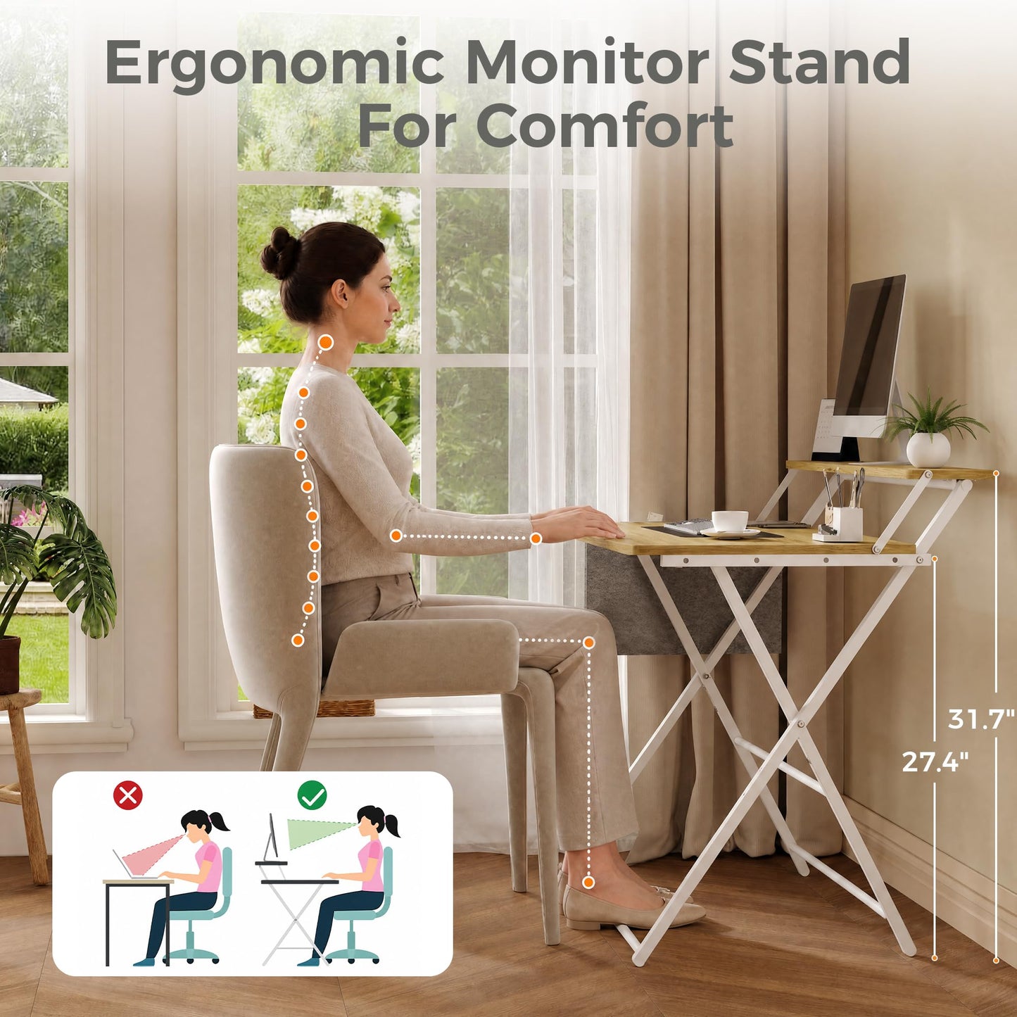 Small Desk No Assembly,31.5Inch 2-Tier Compact Computer Desk with Shelf & Side Pocket,Space Saving Foldable Table for Home Office, Bedroom or Apartment,Portable Collapsible Sturdy Laptop Desk,Oak