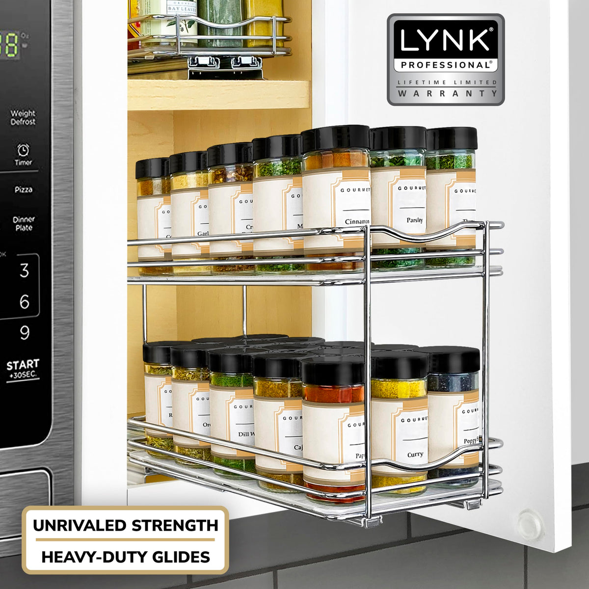 LYNK PROFESSIONAL® Pull Out Spice Organization for Cabinets - 6-3/8 inch Wide – Spice Rack for Inside Cabinets, Slide Out Spice Rack Organizer for cabinet – Pull Out Spice Rack, Sliding 2 Tier Chrome