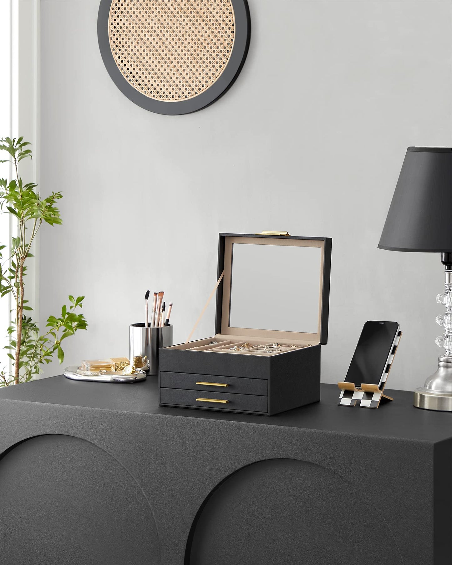 SONGMICS GISELLA Collection - Jewelry Box Organizer, 3-Layer Jewelry Storage with 2 Drawers, Shiny Metal Hardware, Glass Lid, Modern, 8 x 9.1 x 5.3 Inches, Graphite Black and Gold Color UJBC239B03