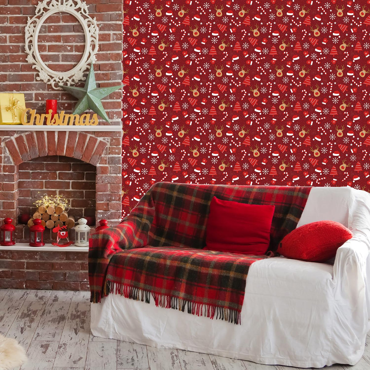 IARTTOP Merry Christmas Wallpaper Peel and Stick Snowflake Contact Paper for Cabinets and Drawers Christmas Reindeer Wallpaper Xmas Candy Canes Decals for Winter Holiday Home Party Decor(17.3"X118.1")