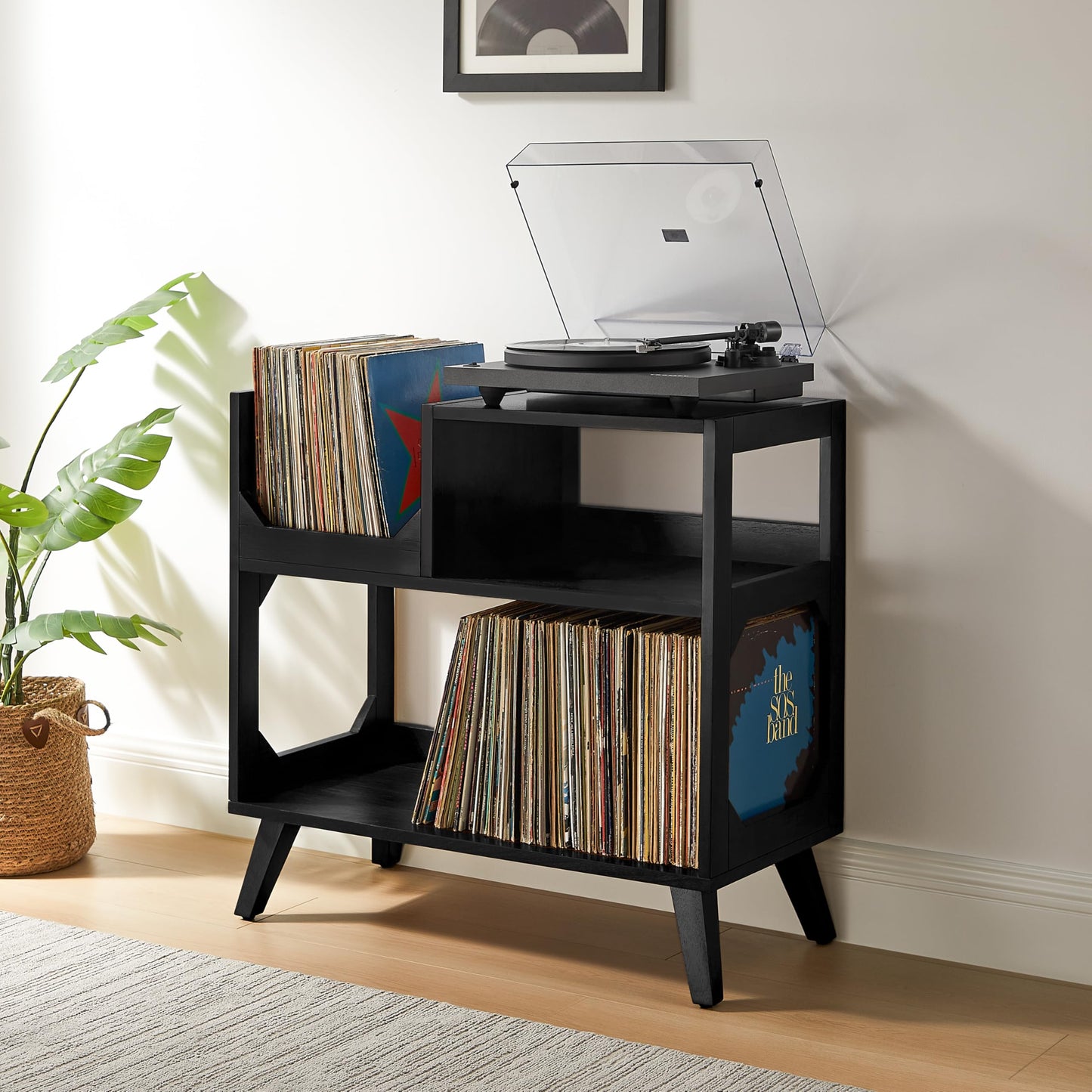 Crosley Furniture Asheville Mid-Century Modern Media Console Record Player Stand, Storage for Vinyl Records, Medium, Black